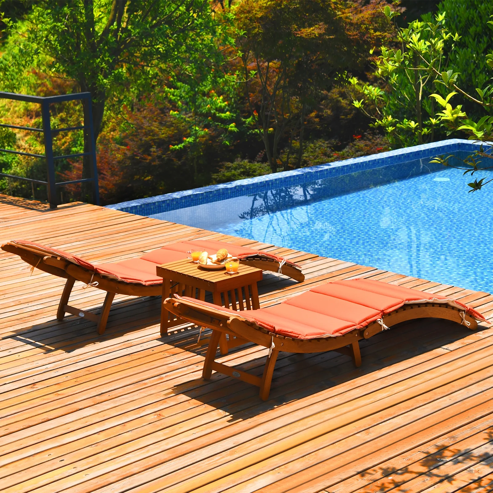 Wooden Folding Patio Lounge Chair Table Set, 3 Pieces, Red - Image 7