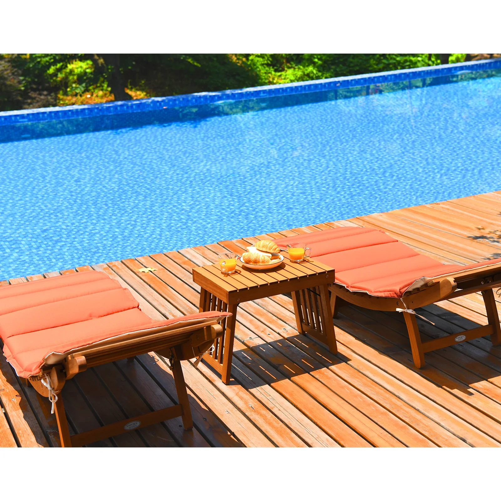 Wooden Folding Patio Lounge Chair Table Set, 3 Pieces, Red - Image 8