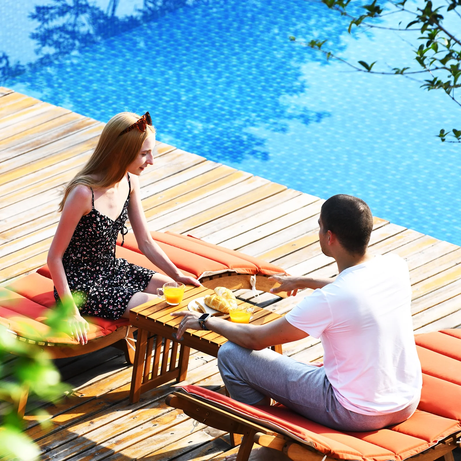Wooden Folding Patio Lounge Chair Table Set, 3 Pieces, Red - Image 9
