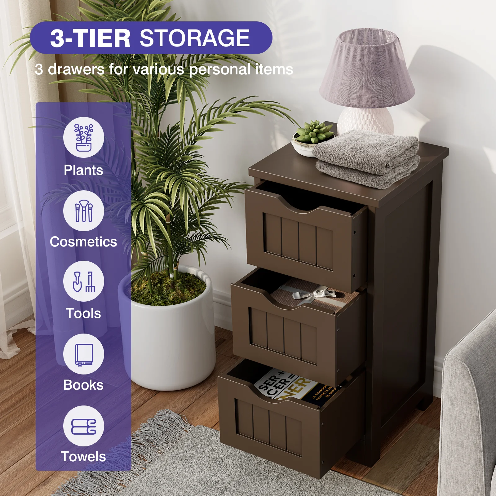 Wooden Free Standing Storage Cabinet, 3-Tier, Brown - Image 10