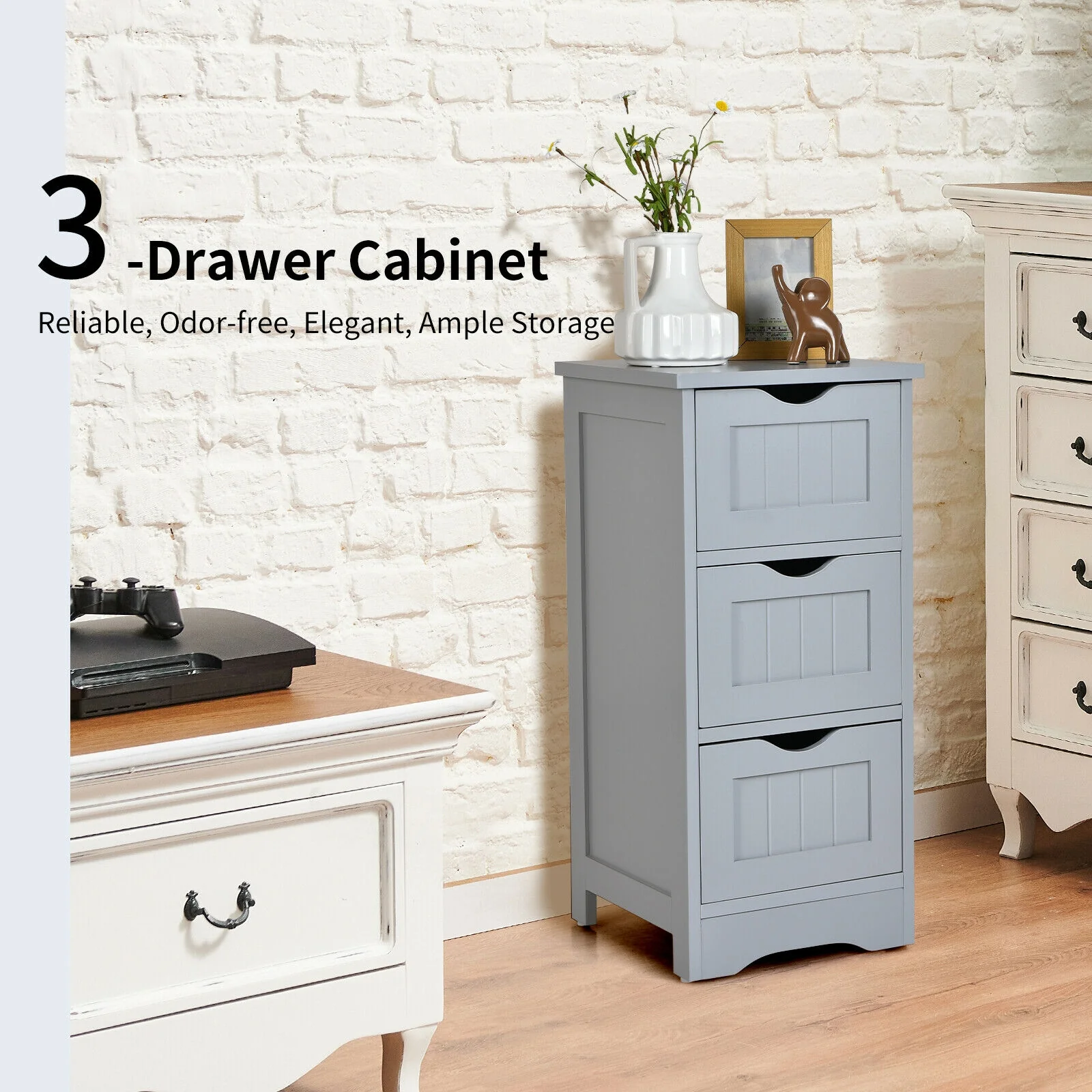 Wooden Free Standing Storage Cabinet, 3-Tier, Gray - Image 10