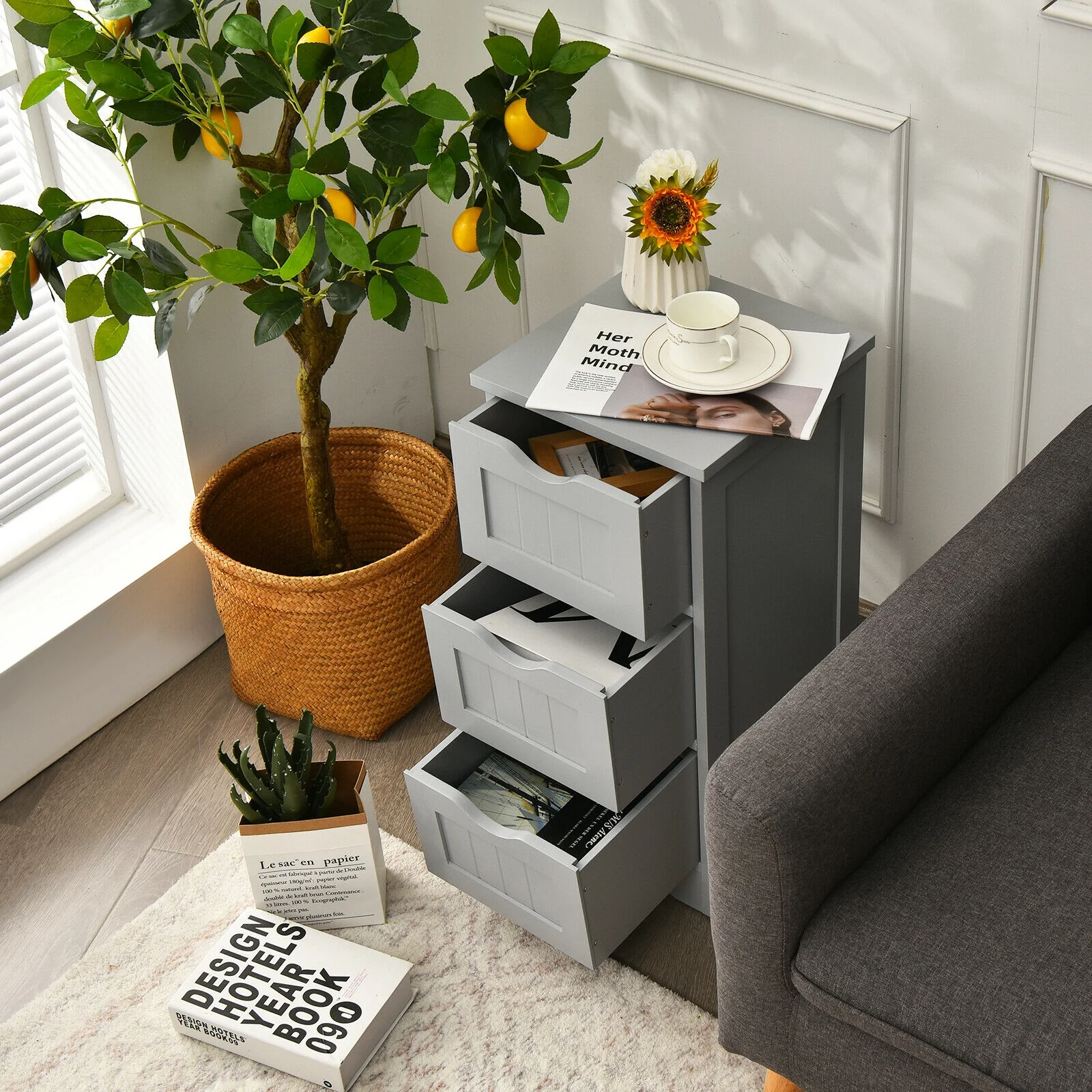 Wooden Free Standing Storage Cabinet, 3-Tier, Gray - Image 2
