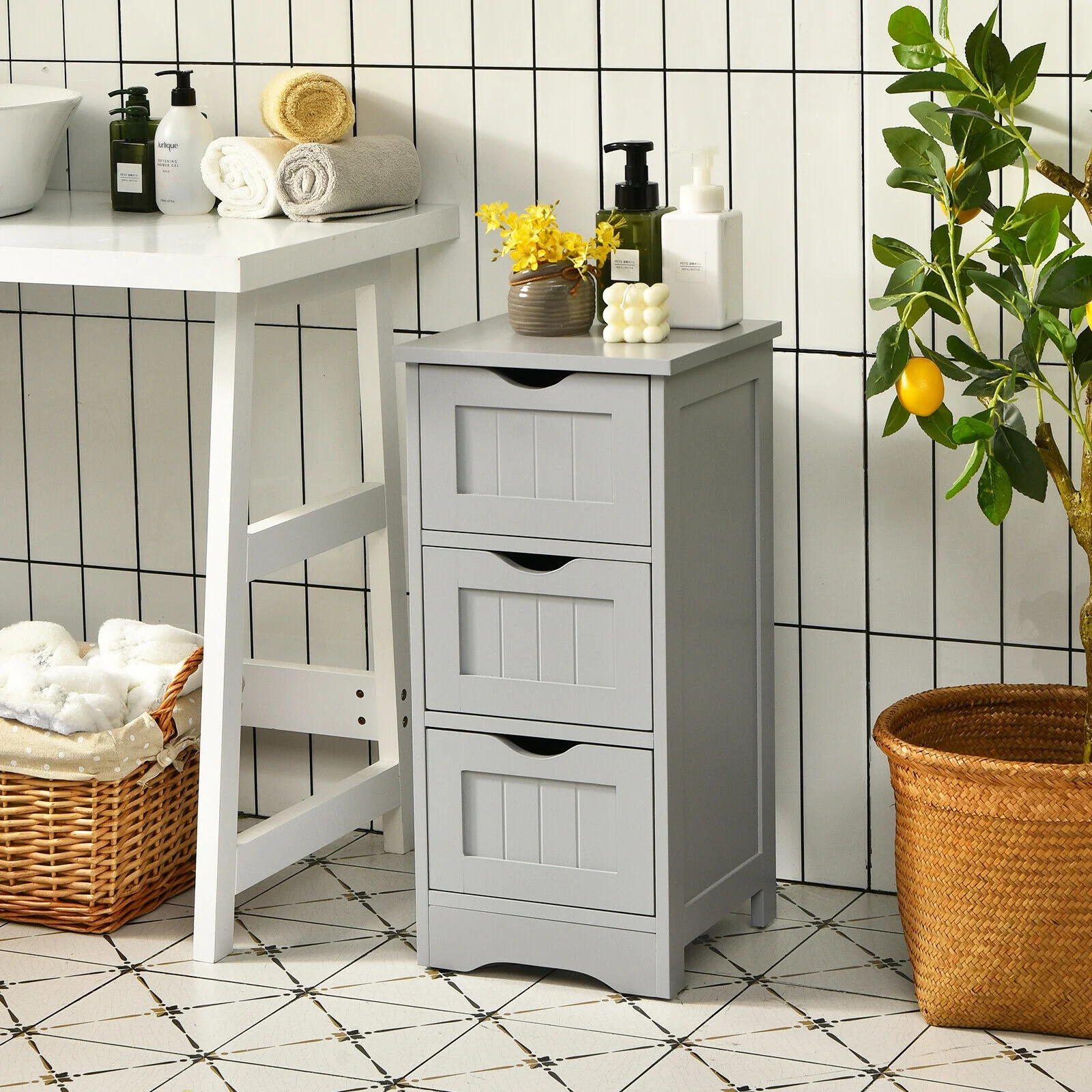 Wooden Free Standing Storage Cabinet, 3-Tier, Gray - Image 3