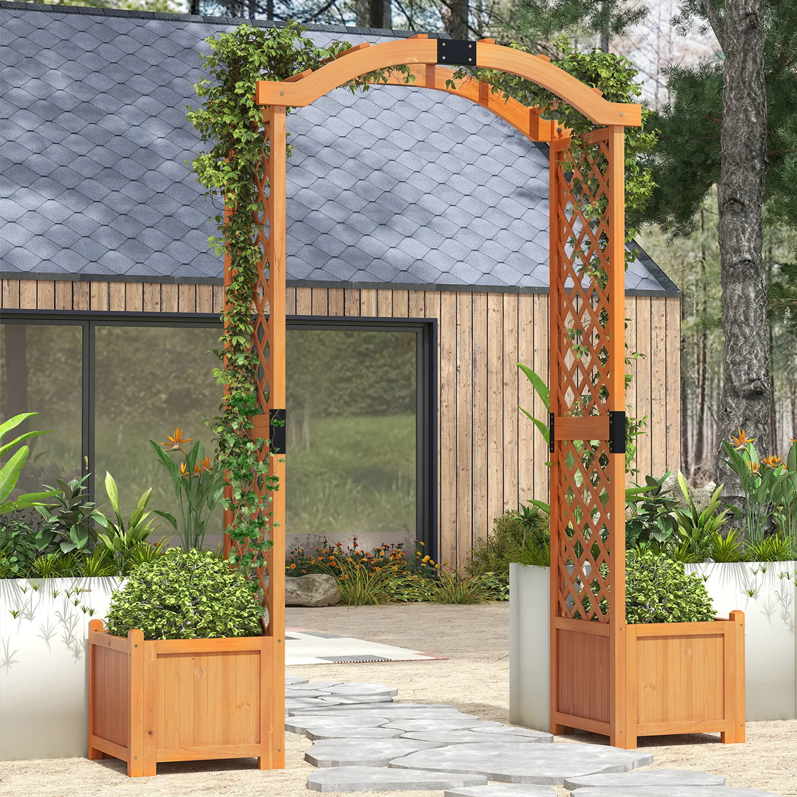Wooden Garden Arbor With Planter And Trellis, Orange - Image 2