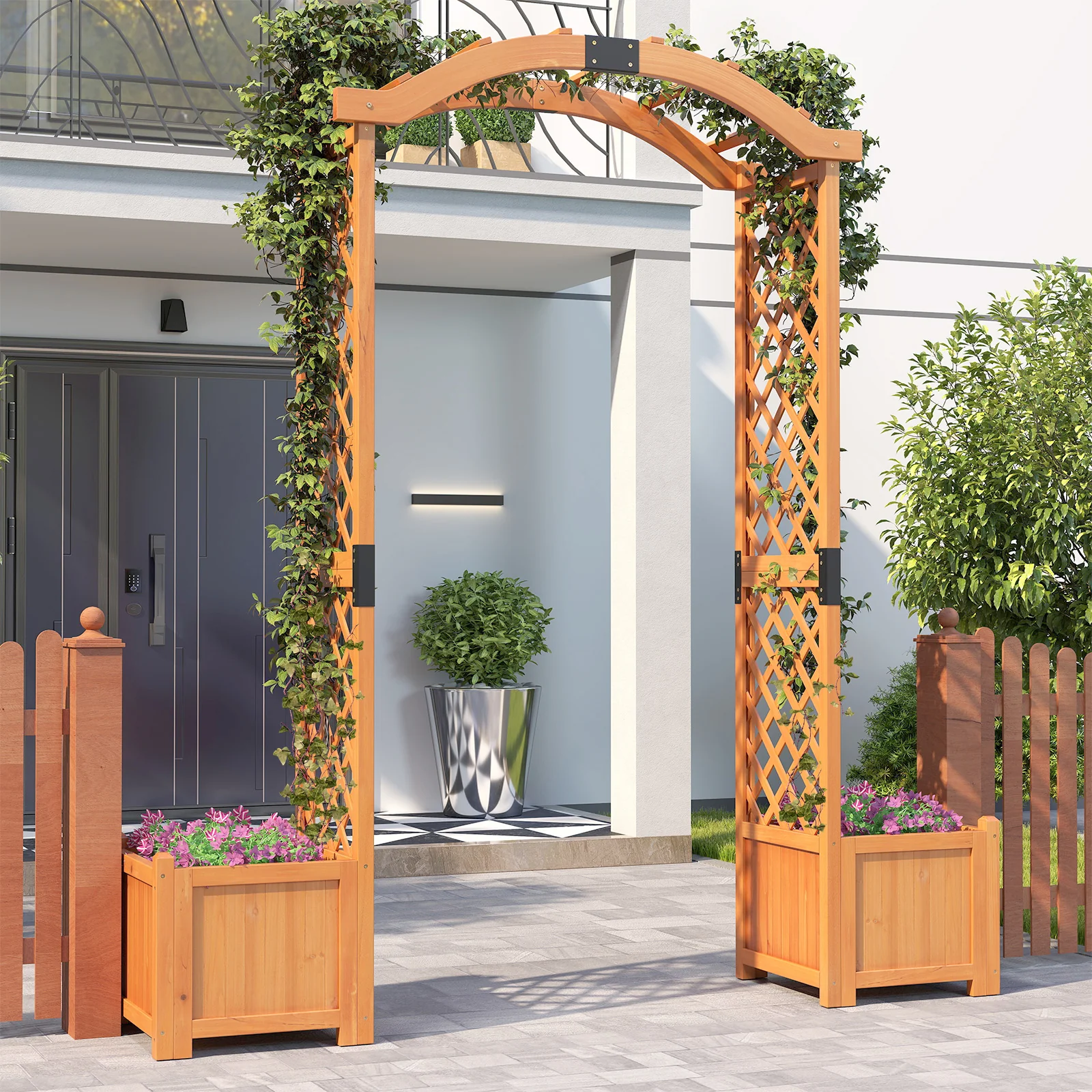 Wooden Garden Arbor With Planter And Trellis, Orange - Image 3