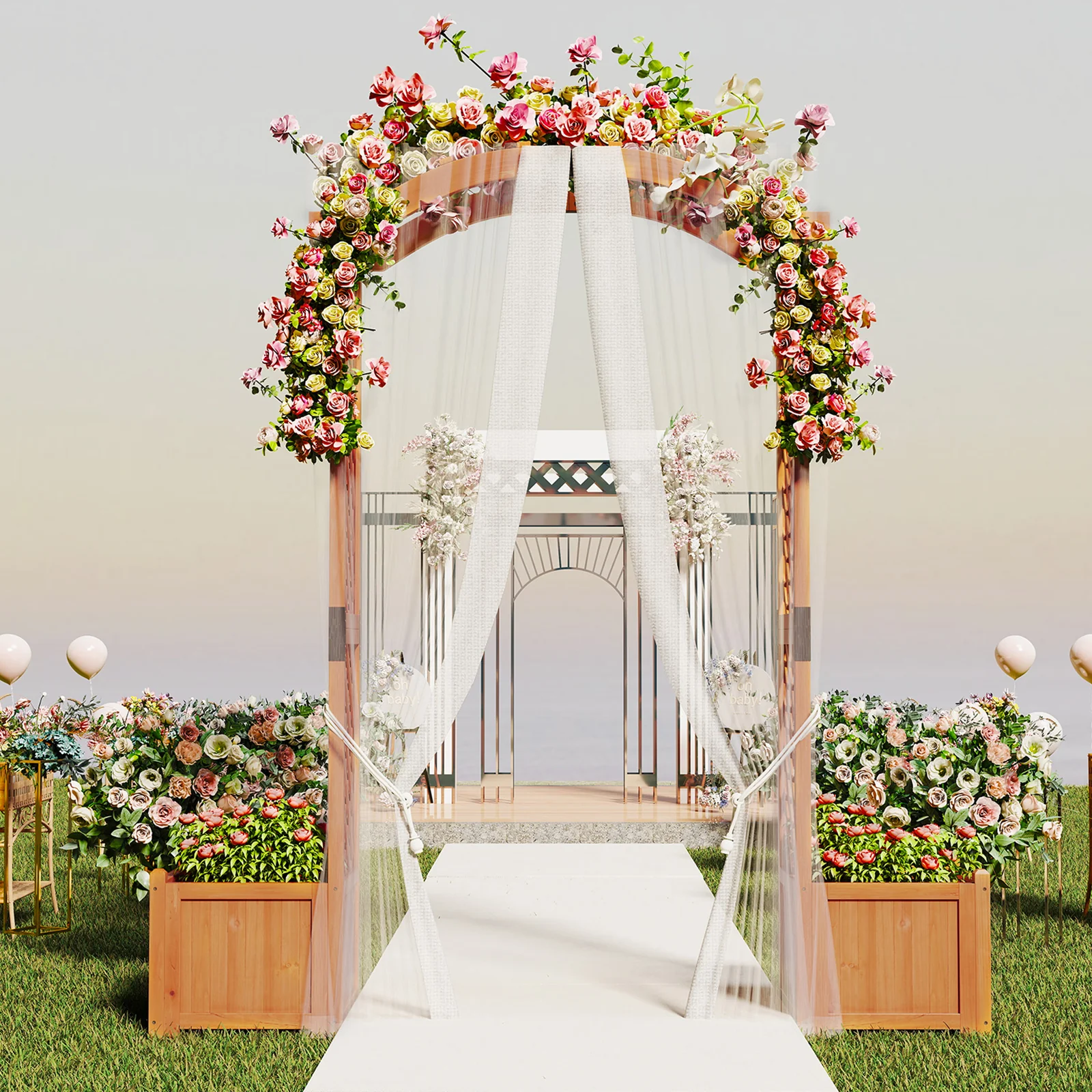 Wooden Garden Arbor With Planter And Trellis, Orange - Image 7