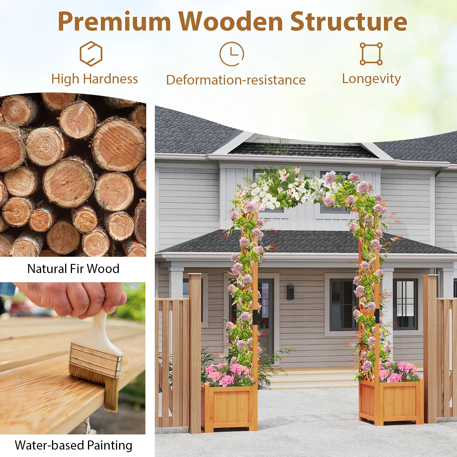 Wooden Garden Arbor With Planter And Trellis, Orange - Image 8