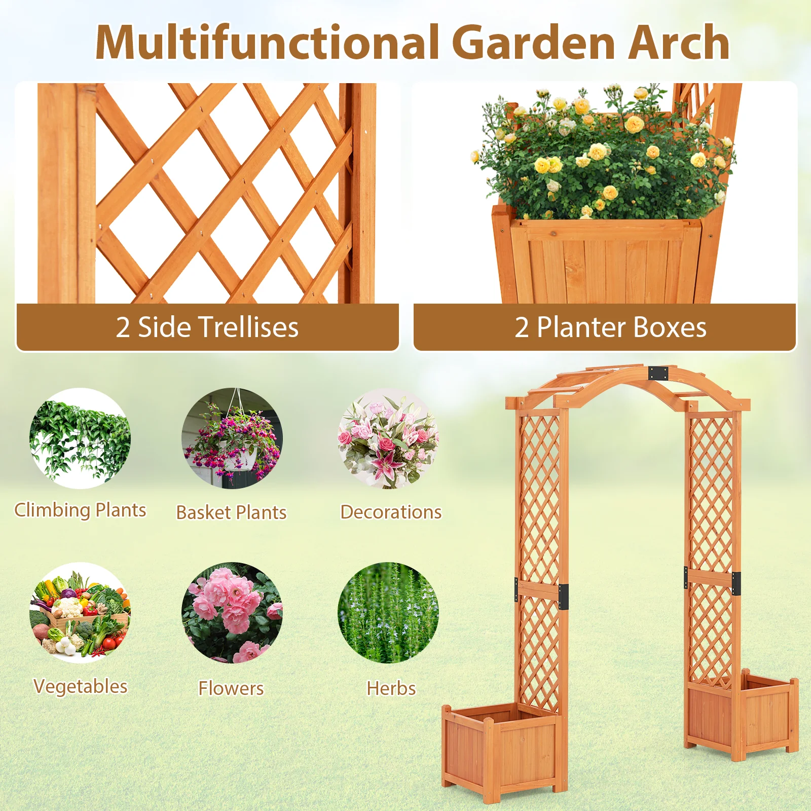 Wooden Garden Arbor With Planter And Trellis, Orange - Image 9