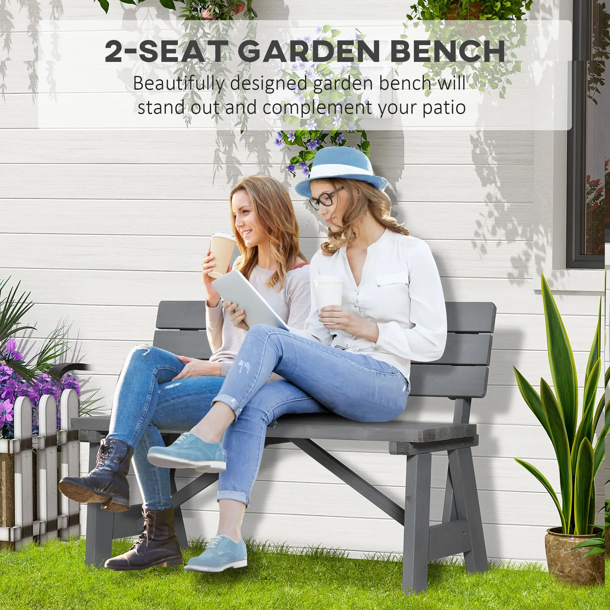 Wooden Garden Bench, Outdoor 2-Person Patio Loveseat, Grey - Image 4