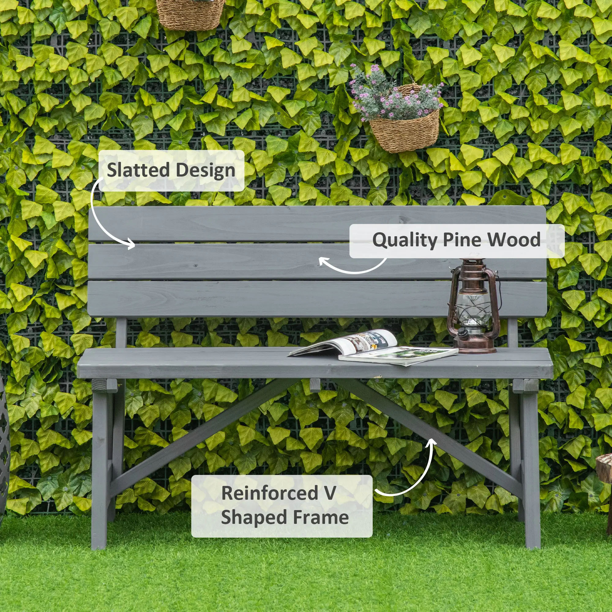 Wooden Garden Bench, Outdoor 2-Person Patio Loveseat, Grey - Image 5