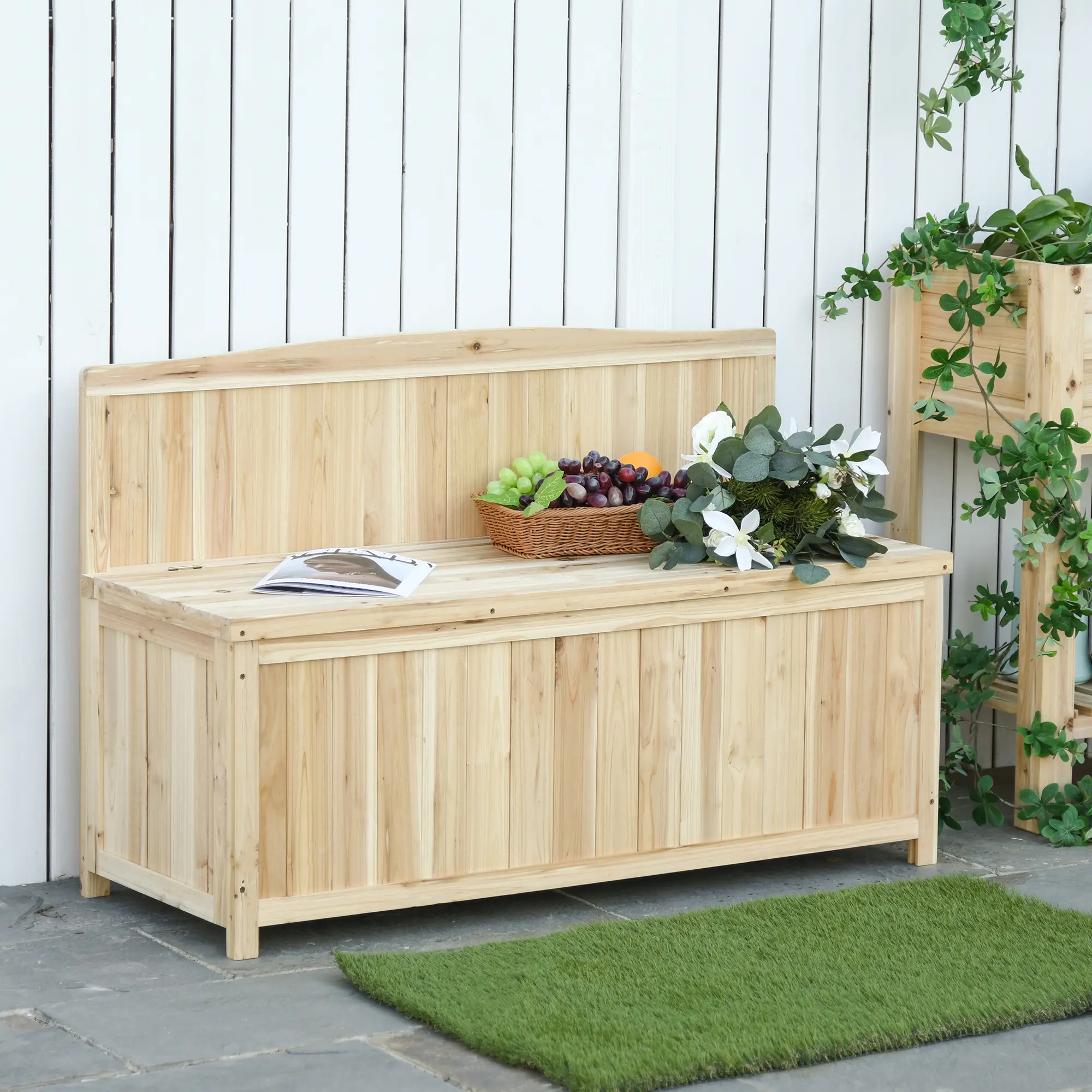 Wooden Garden Bench with Storage, Outdoor Patio Seating, 45.3" x 17.7" x 29.5", Natural - Image 2