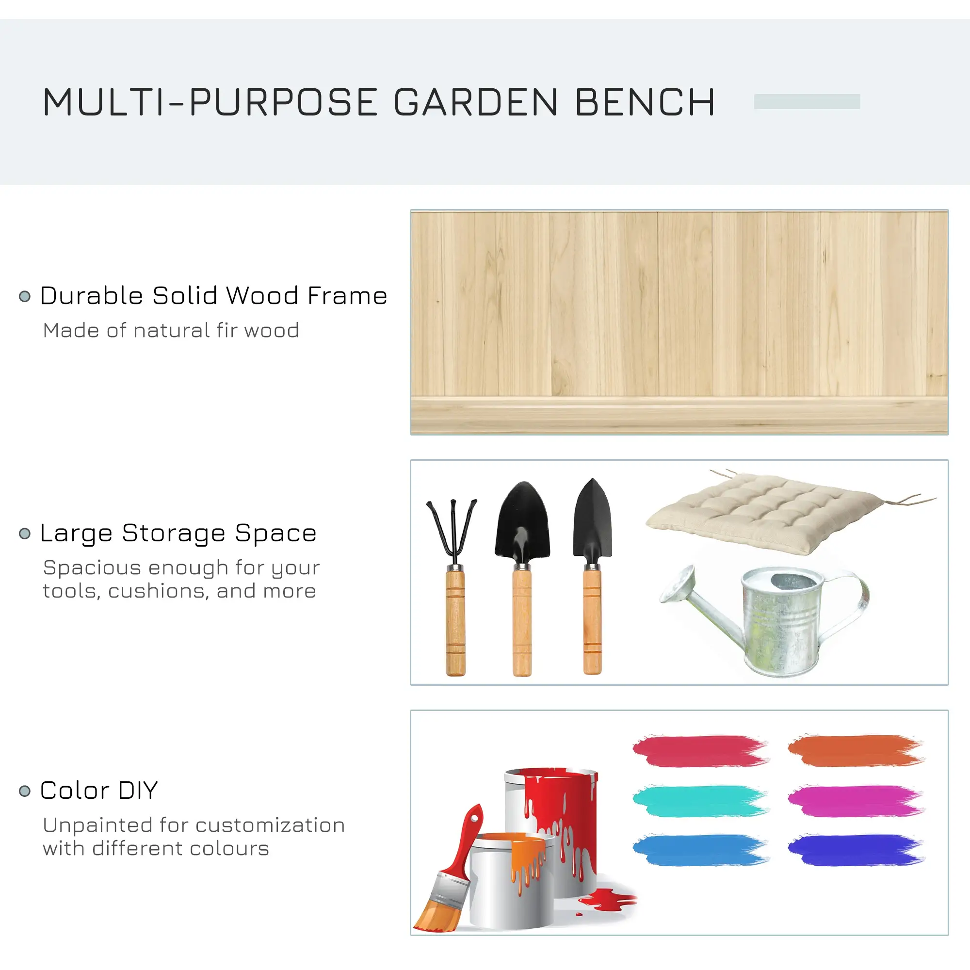Wooden Garden Bench with Storage, Outdoor Patio Seating, 45.3" x 17.7" x 29.5", Natural - Image 4