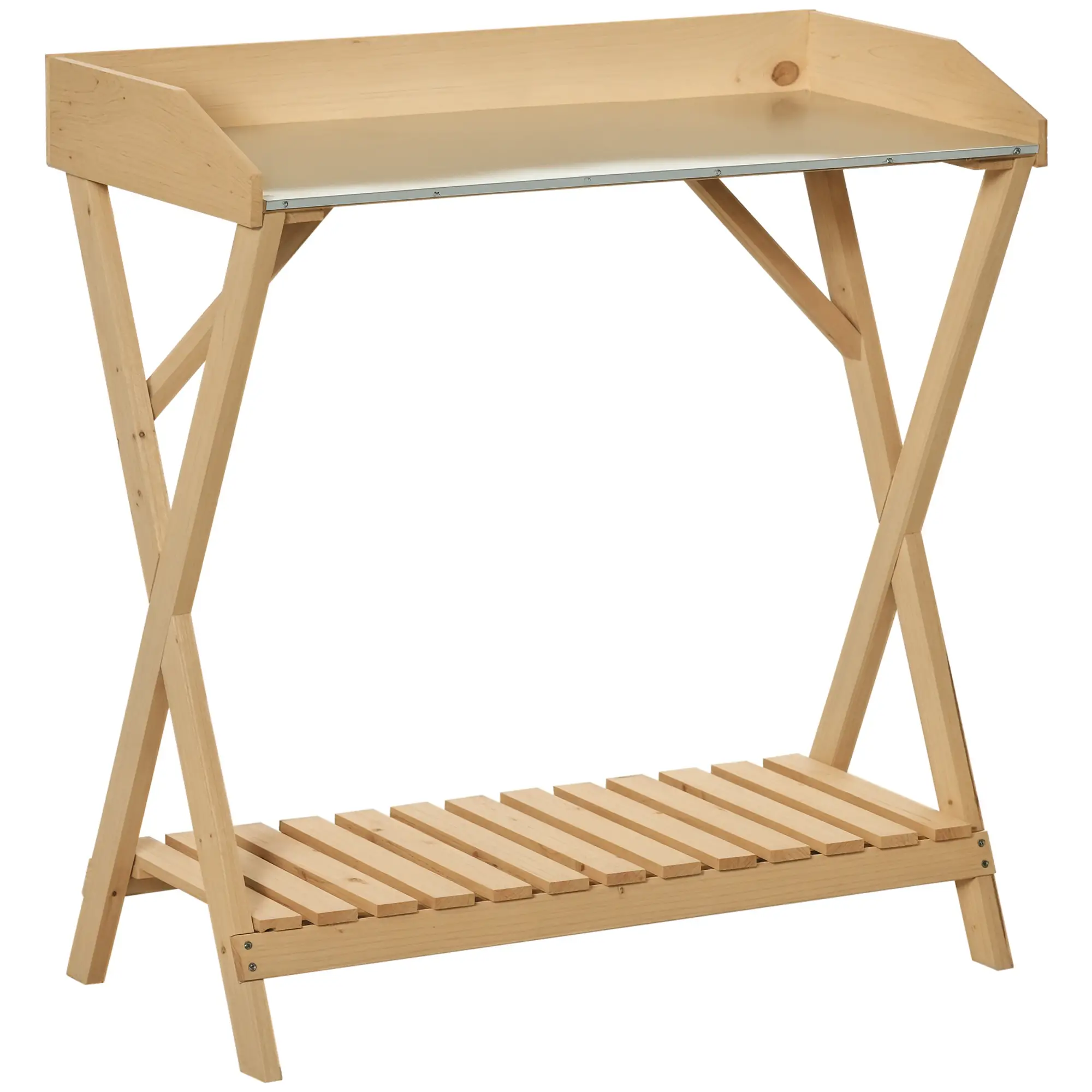 Wooden Garden Potting Bench, Outdoor Planting Workbench, Galvanized Metal Tabletop