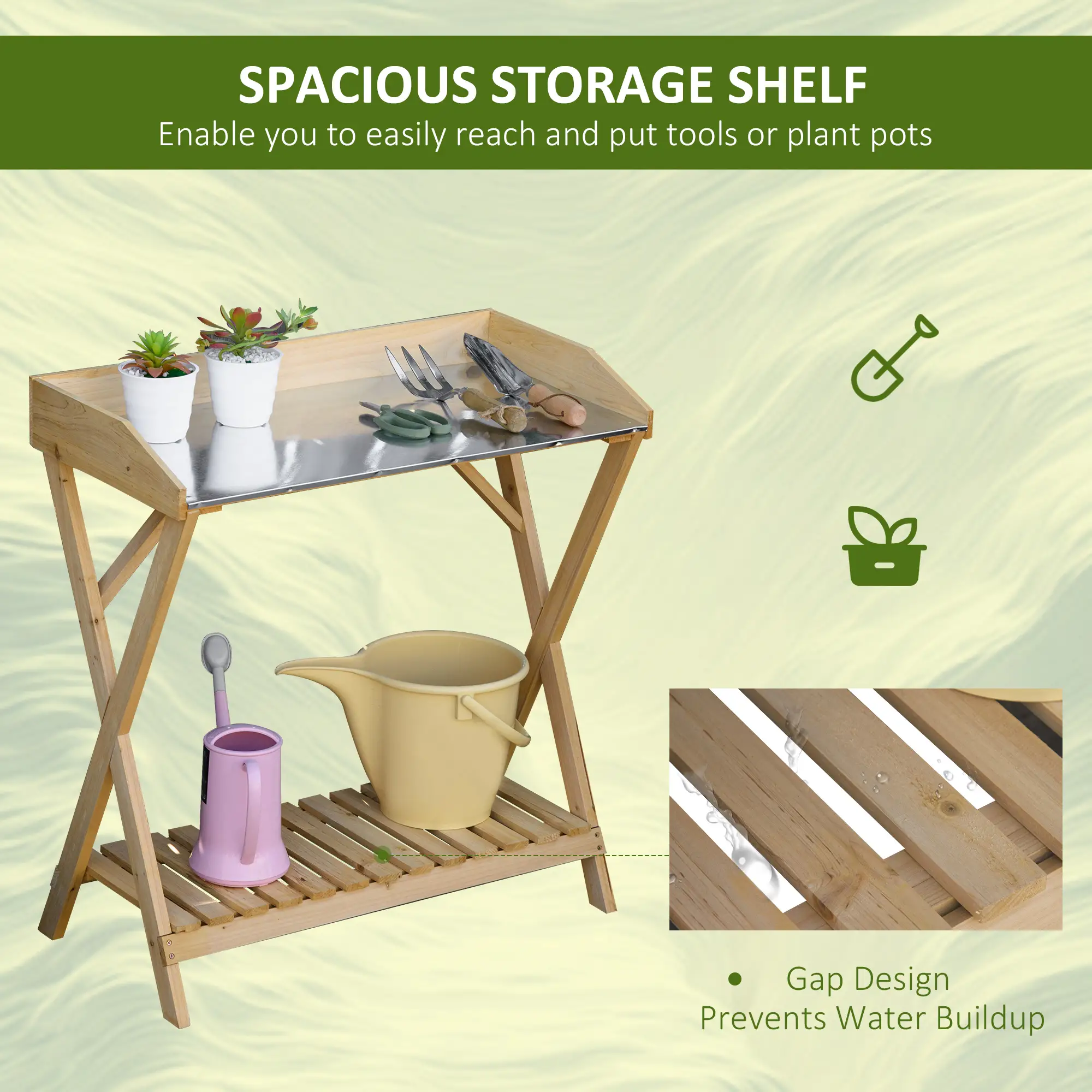 Wooden Garden Potting Bench, Outdoor Planting Workbench, Galvanized Metal Tabletop - Image 5