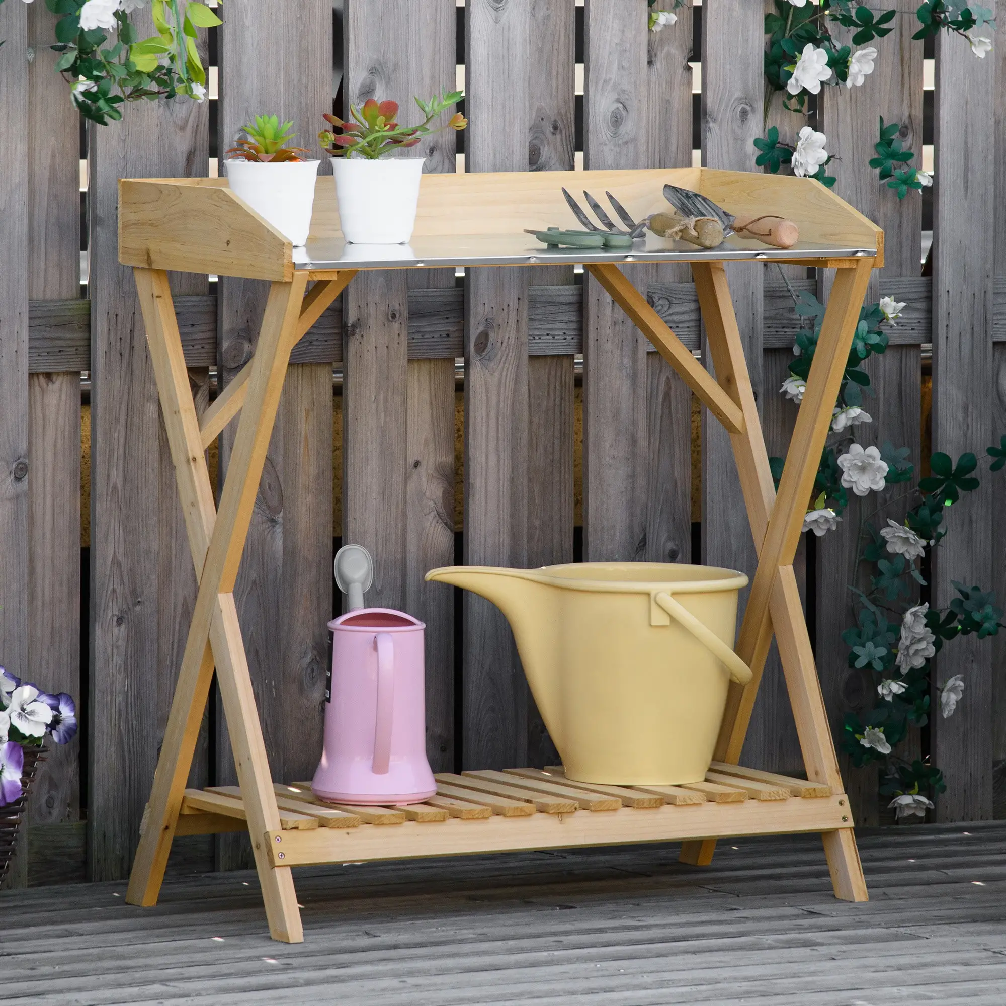 Wooden Garden Potting Bench, Outdoor Planting Workbench, Galvanized Metal Tabletop - Image 8
