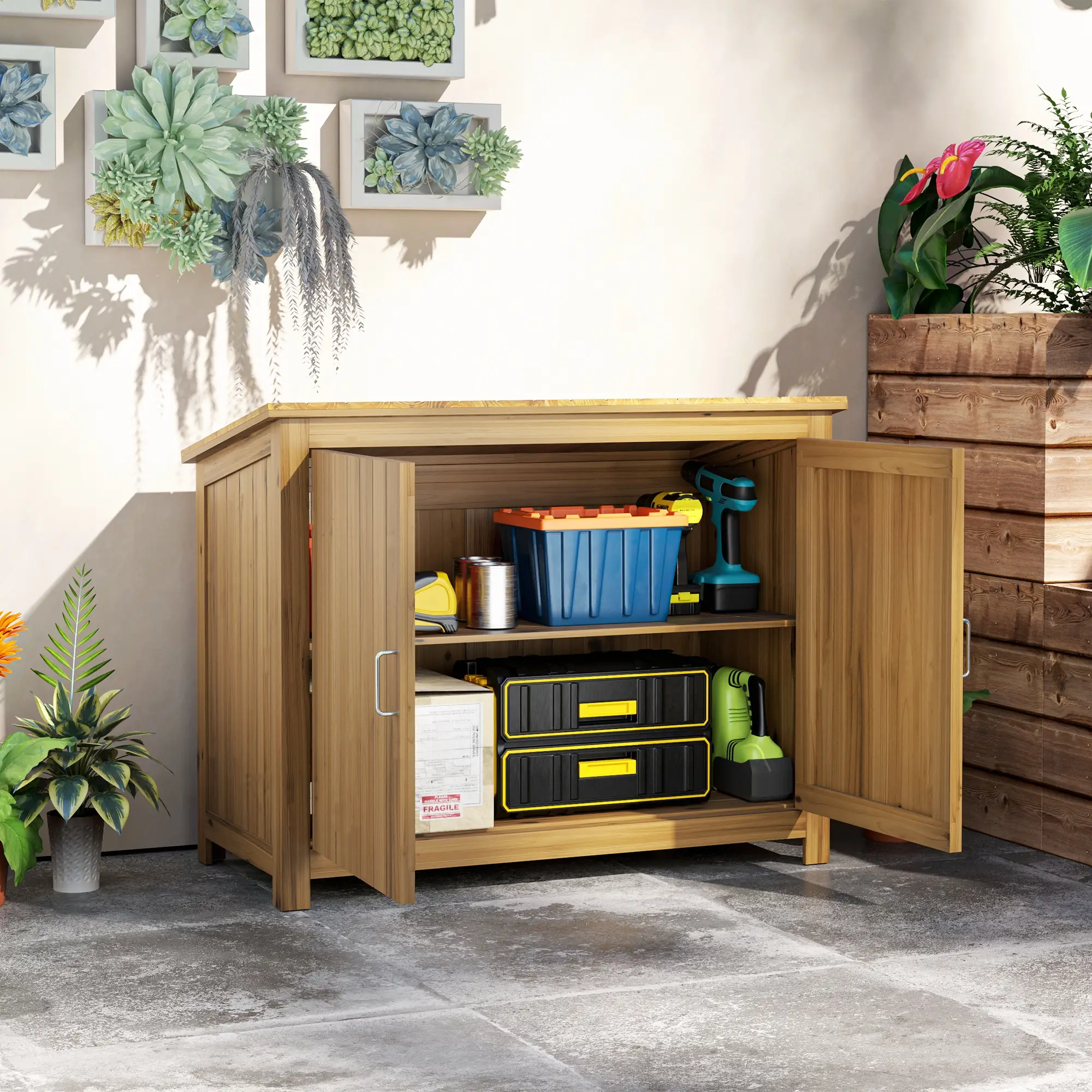 Wooden Garden Shed, Compact Outdoor Storage, 2 Shelves, 2 Doors, 43" x 20" x 34" - Image 2