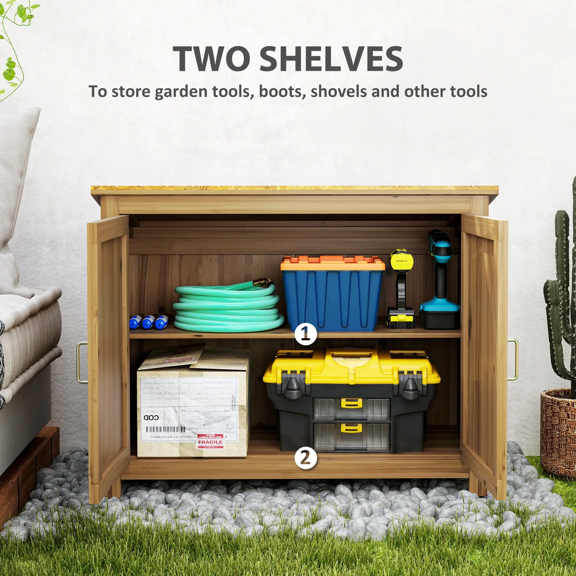 Wooden Garden Shed, Compact Outdoor Storage, 2 Shelves, 2 Doors, 43" x 20" x 34" - Image 4