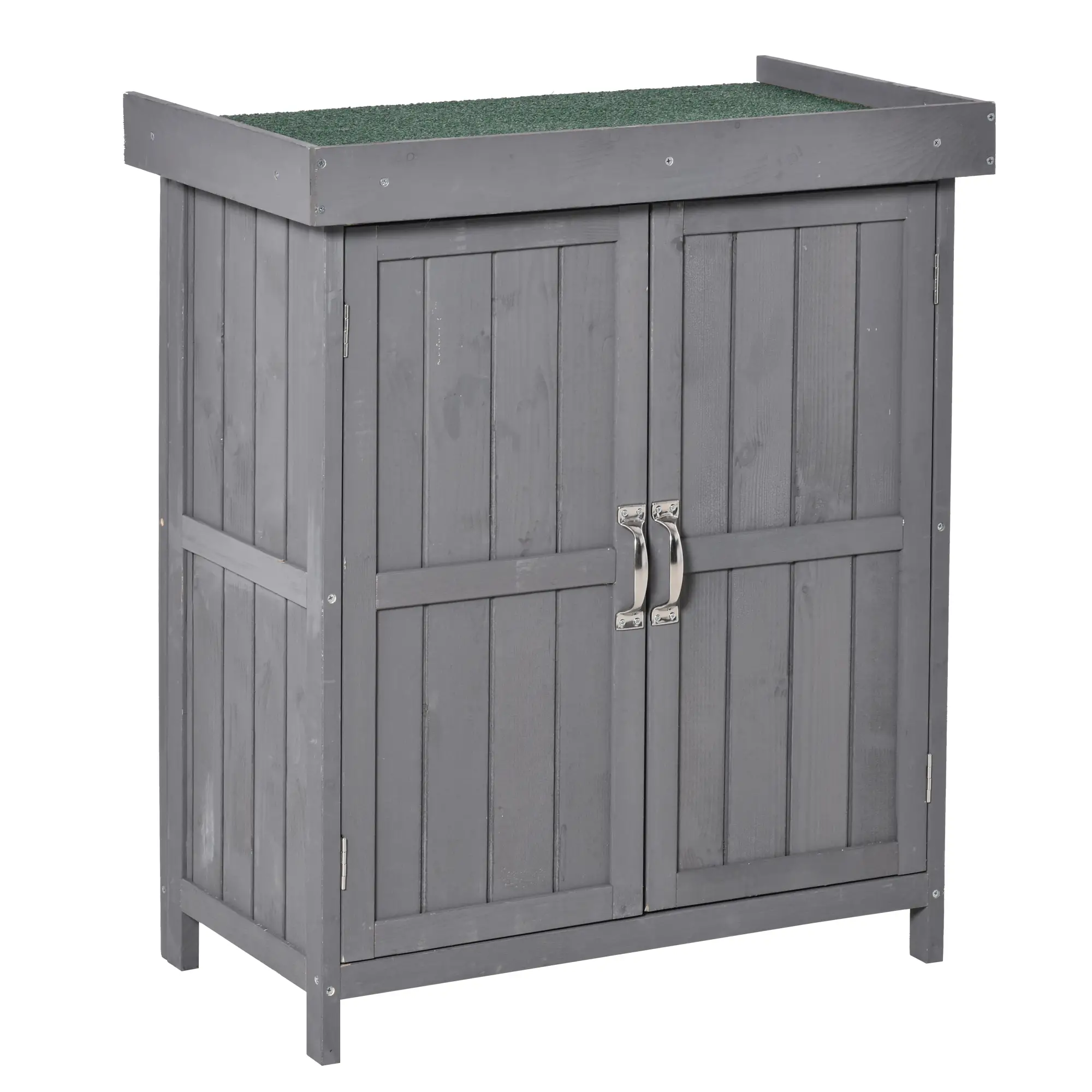 Wooden Garden Tool Shed, Hinged Roof, 2-Tier Shelves, Double Doors, 74x43x88cm, Dark Grey