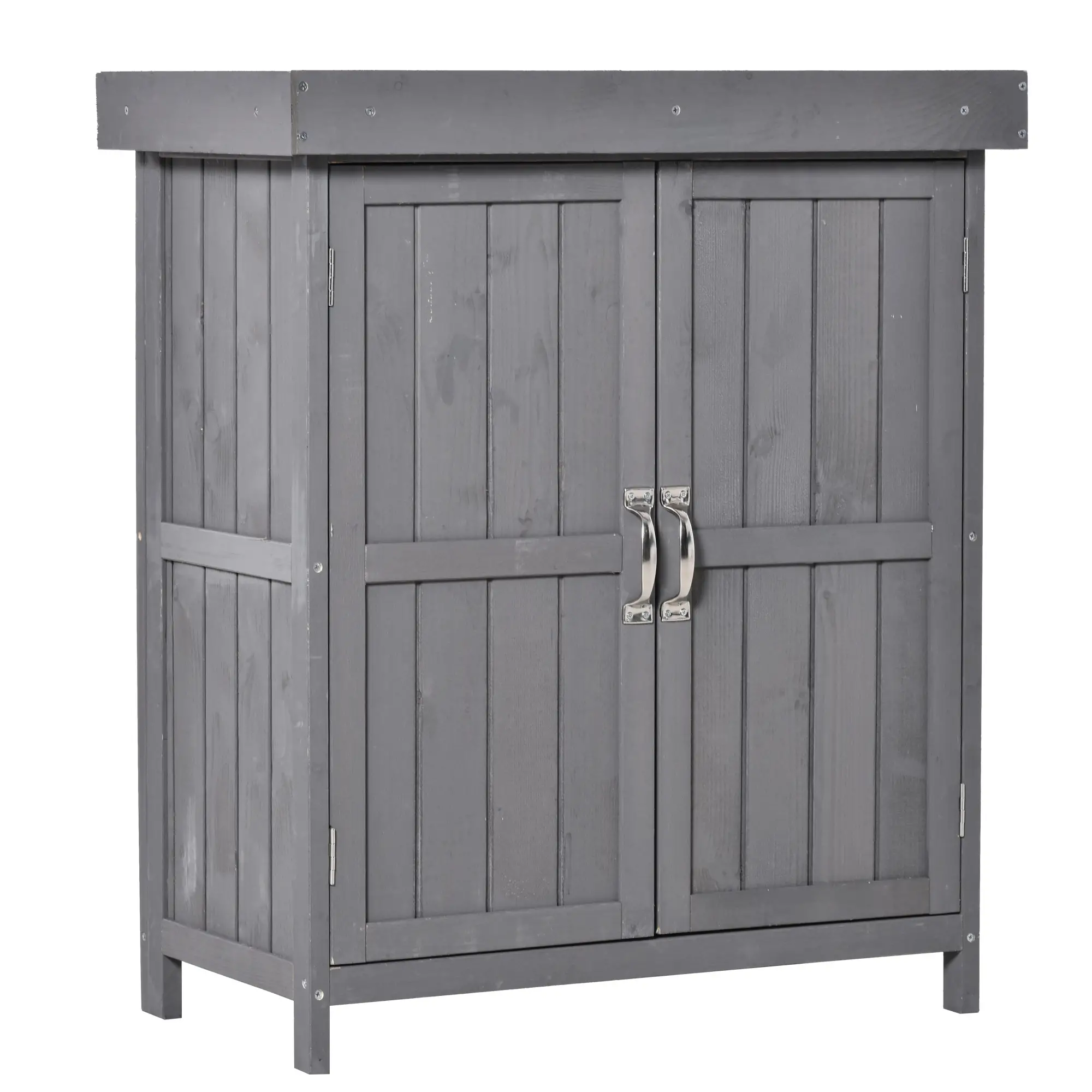 Wooden Garden Tool Shed, Hinged Roof, 2-Tier Shelves, Double Doors, 74x43x88cm, Dark Grey - Image 12
