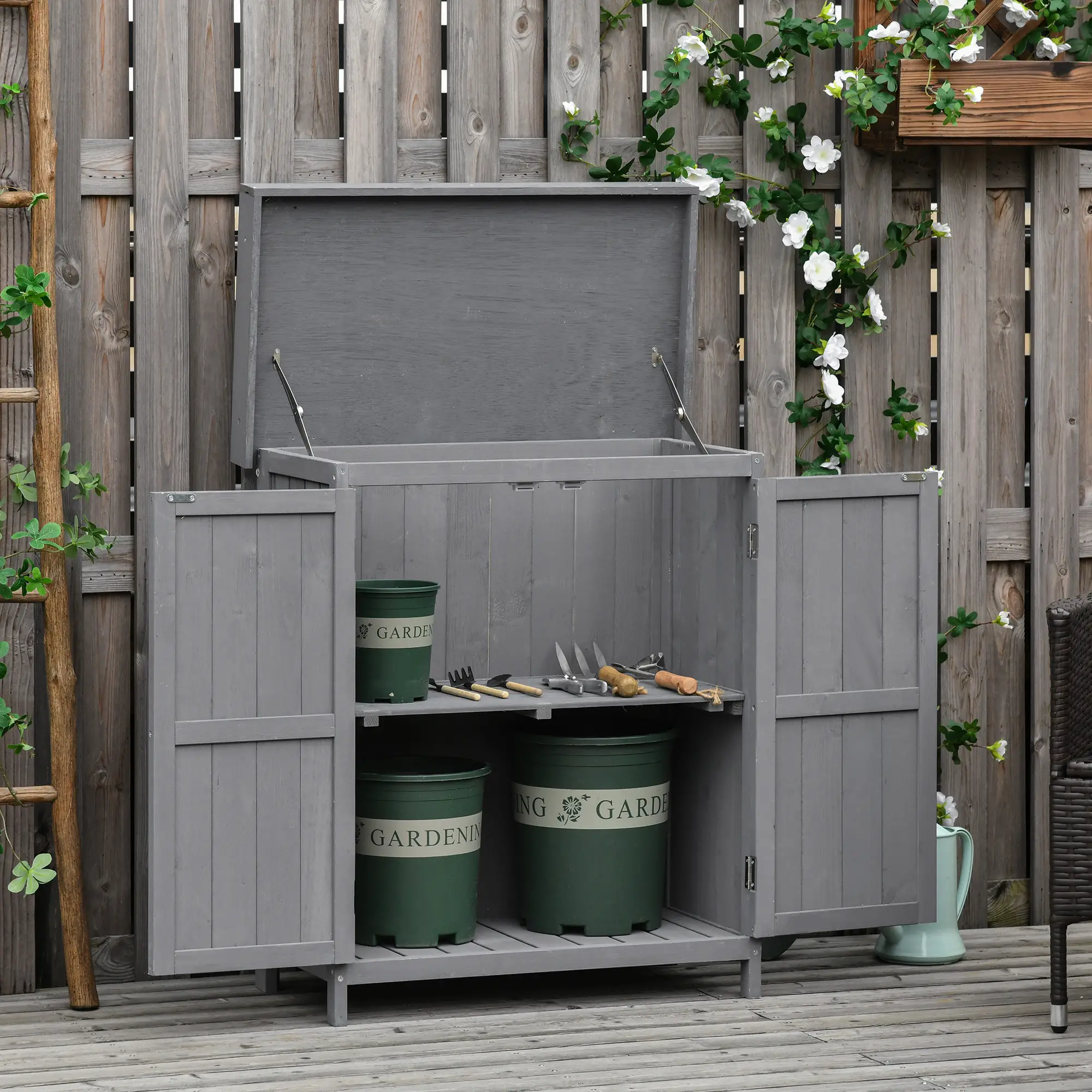 Wooden Garden Tool Shed, Hinged Roof, 2-Tier Shelves, Double Doors, 74x43x88cm, Dark Grey - Image 2