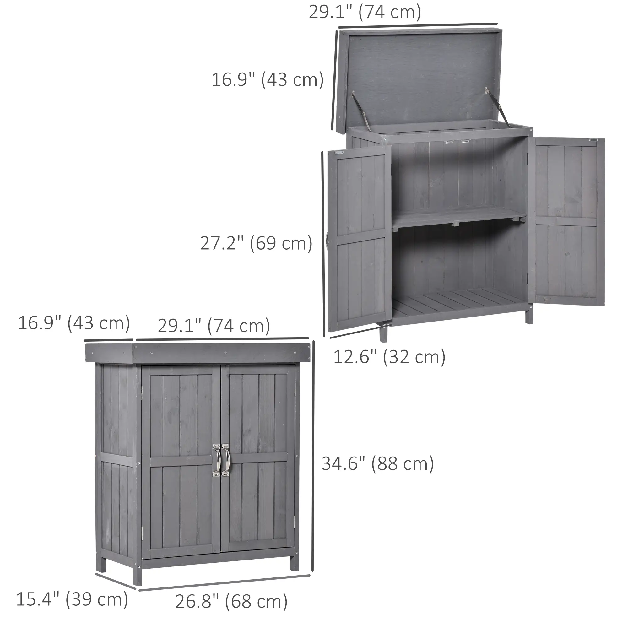 Wooden Garden Tool Shed, Hinged Roof, 2-Tier Shelves, Double Doors, 74x43x88cm, Dark Grey - Image 3