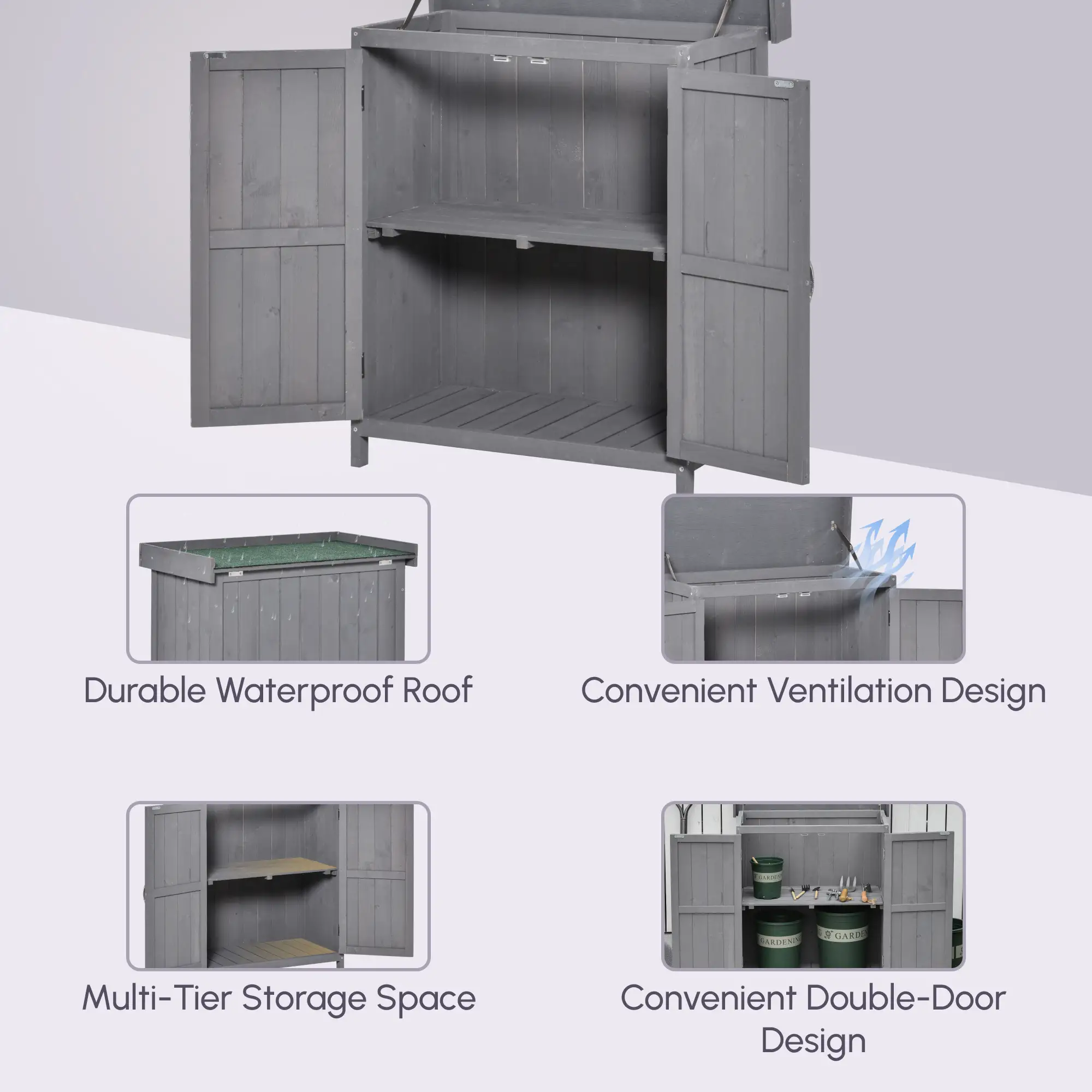 Wooden Garden Tool Shed, Hinged Roof, 2-Tier Shelves, Double Doors, 74x43x88cm, Dark Grey - Image 4