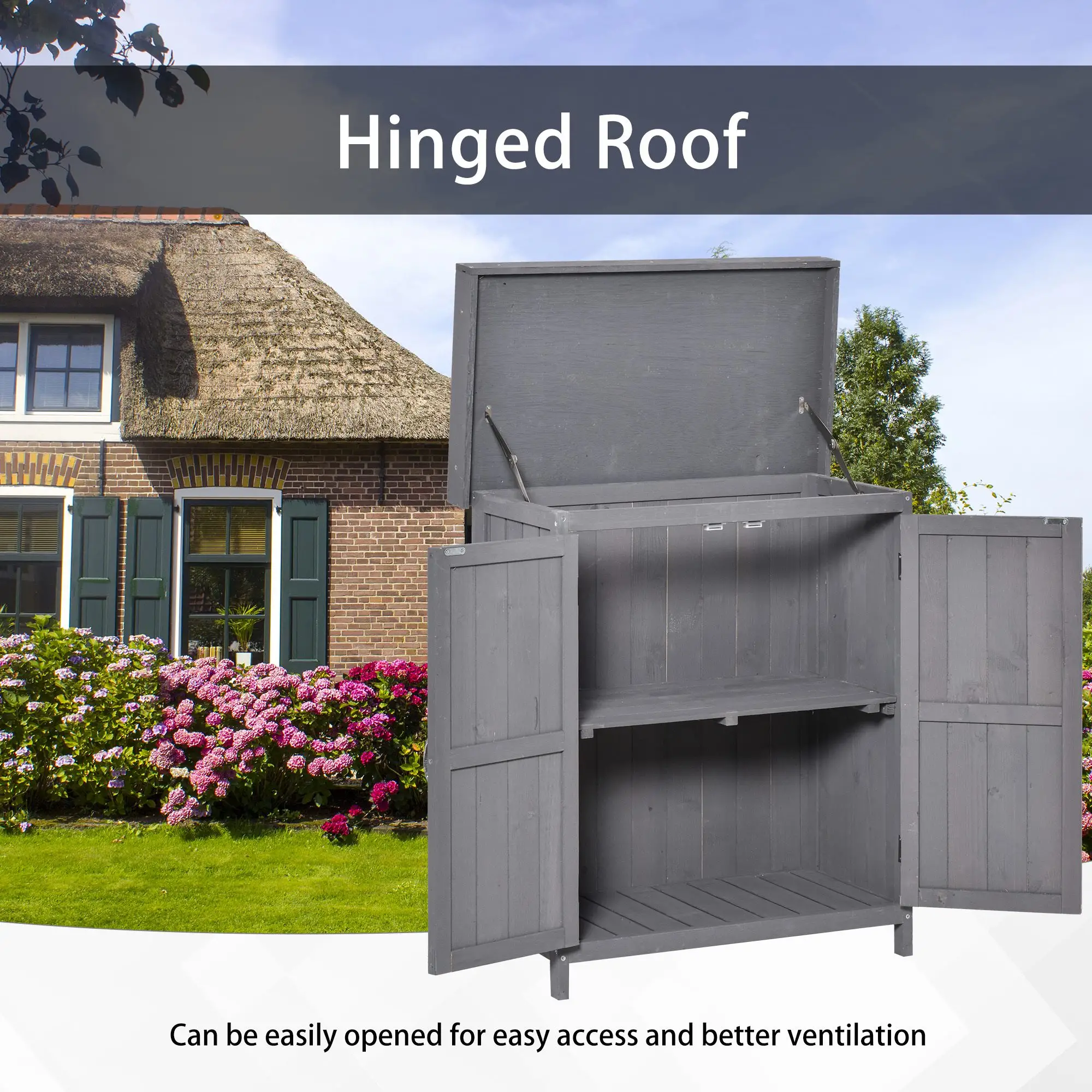 Wooden Garden Tool Shed, Hinged Roof, 2-Tier Shelves, Double Doors, 74x43x88cm, Dark Grey - Image 6