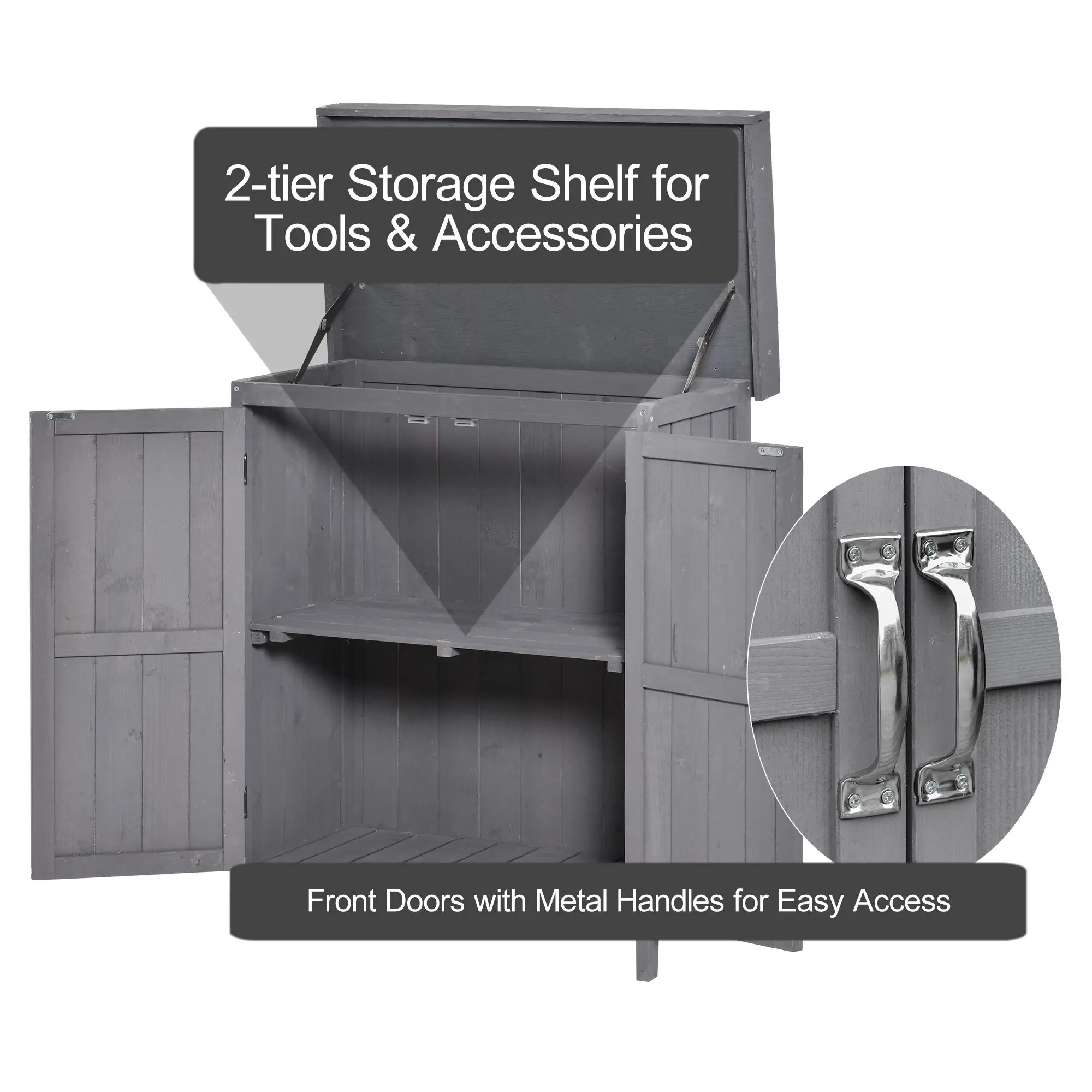 Wooden Garden Tool Shed, Hinged Roof, 2-Tier Shelves, Double Doors, 74x43x88cm, Dark Grey - Image 7