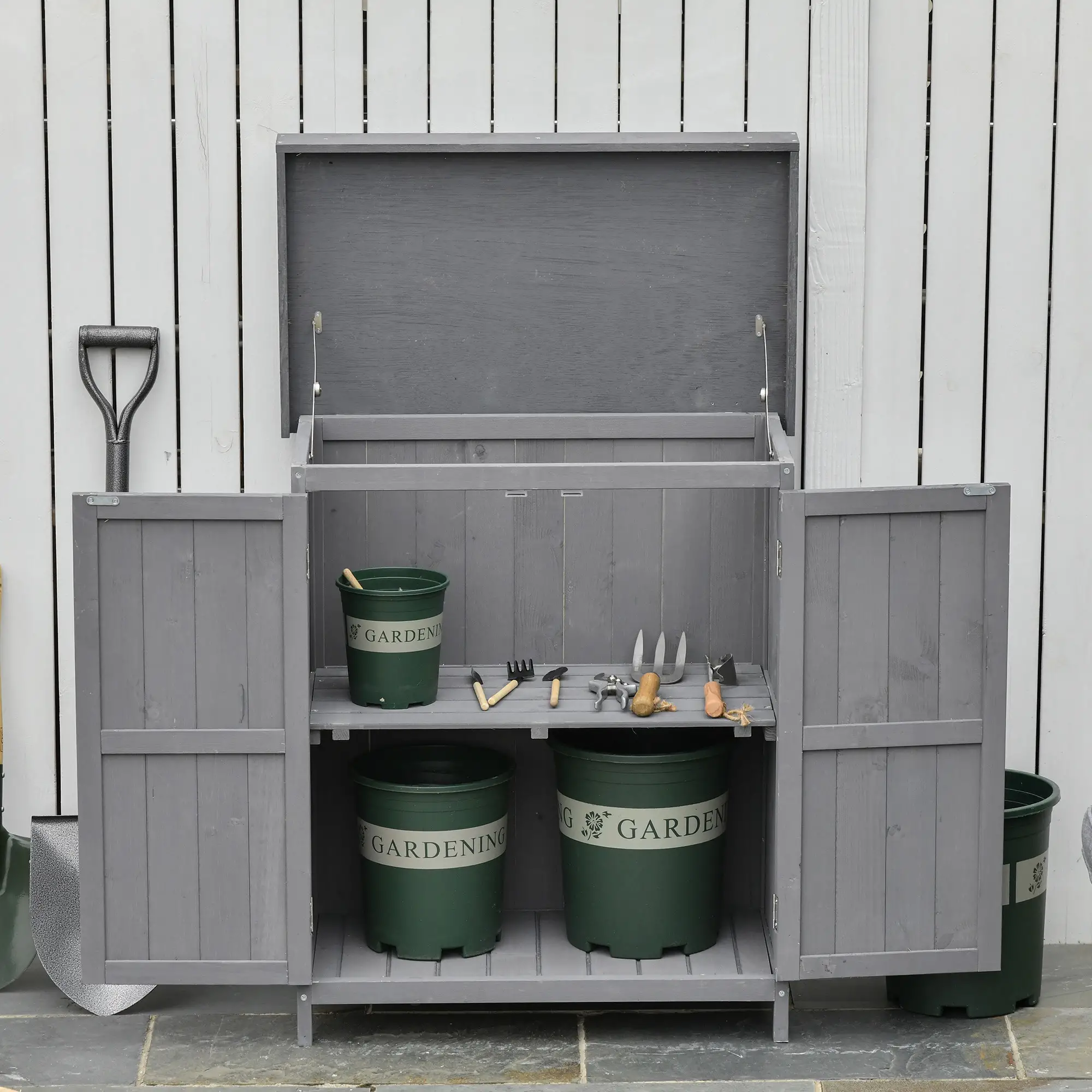 Wooden Garden Tool Shed, Hinged Roof, 2-Tier Shelves, Double Doors, 74x43x88cm, Dark Grey - Image 9