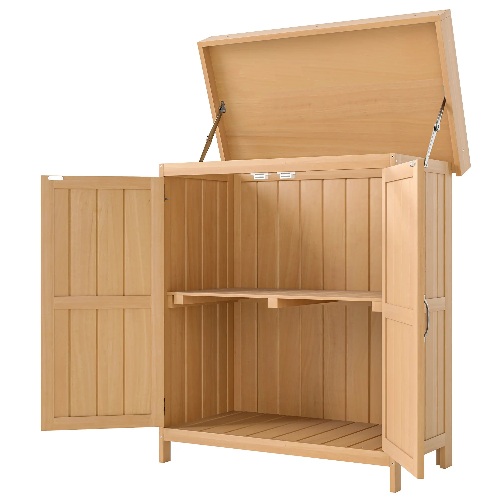 Wooden Garden Tool Shed, Hinged Roof, 2-Tier Shelves, Double Doors, 74x43x88cm, Natural Wood