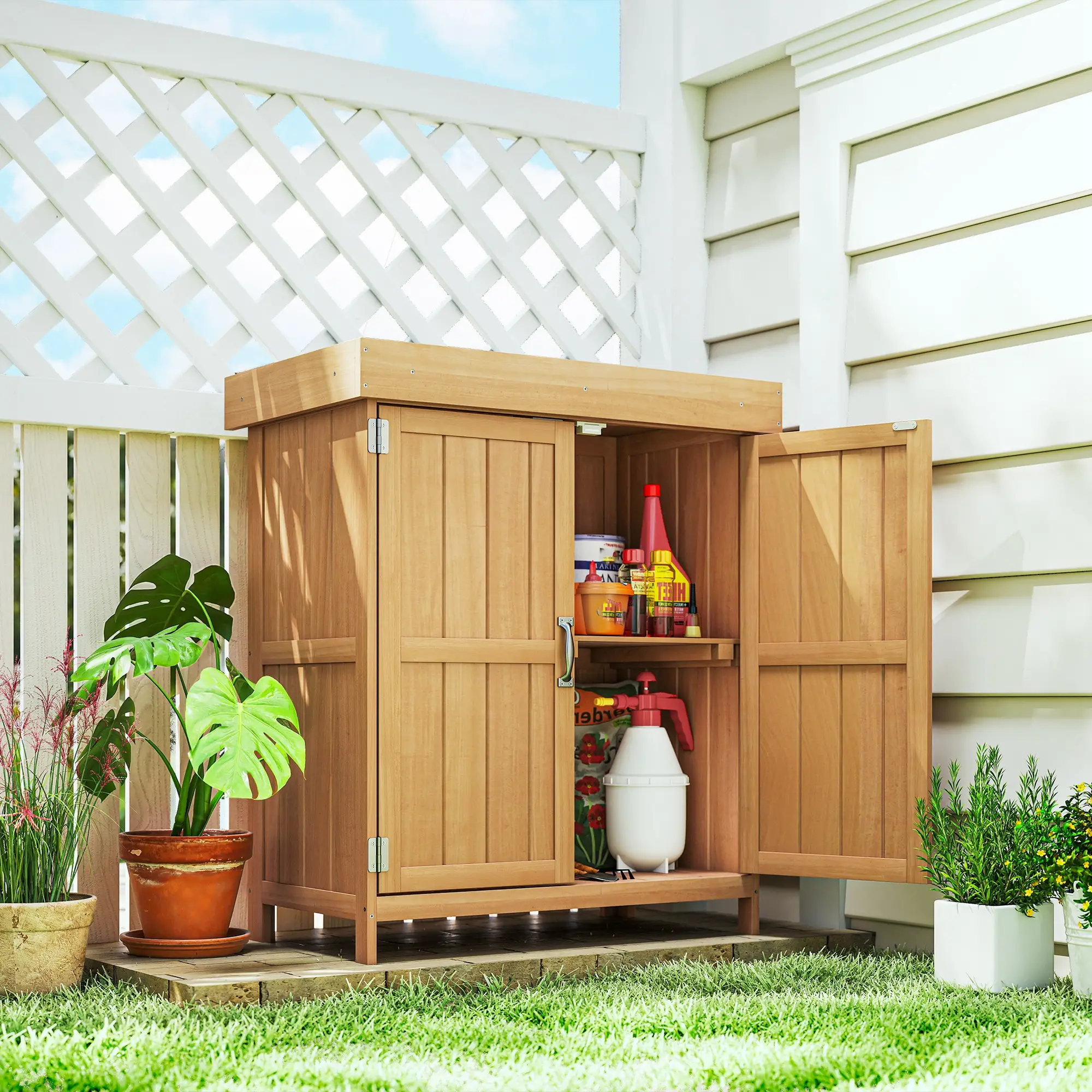 Wooden Garden Tool Shed, Hinged Roof, 2-Tier Shelves, Double Doors, 74x43x88cm, Natural Wood - Image 10