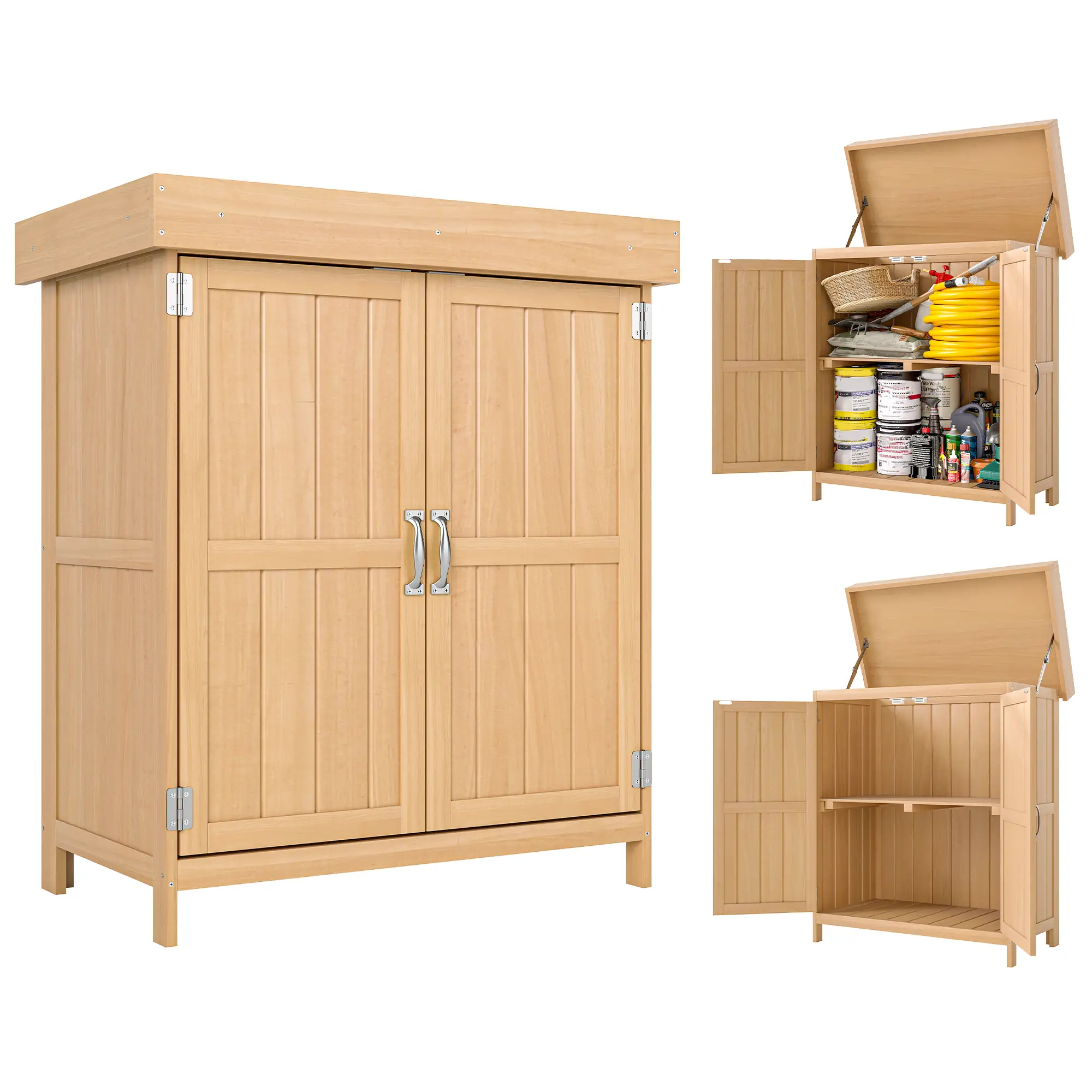 Wooden Garden Tool Shed, Hinged Roof, 2-Tier Shelves, Double Doors, 74x43x88cm, Natural Wood - Image 11