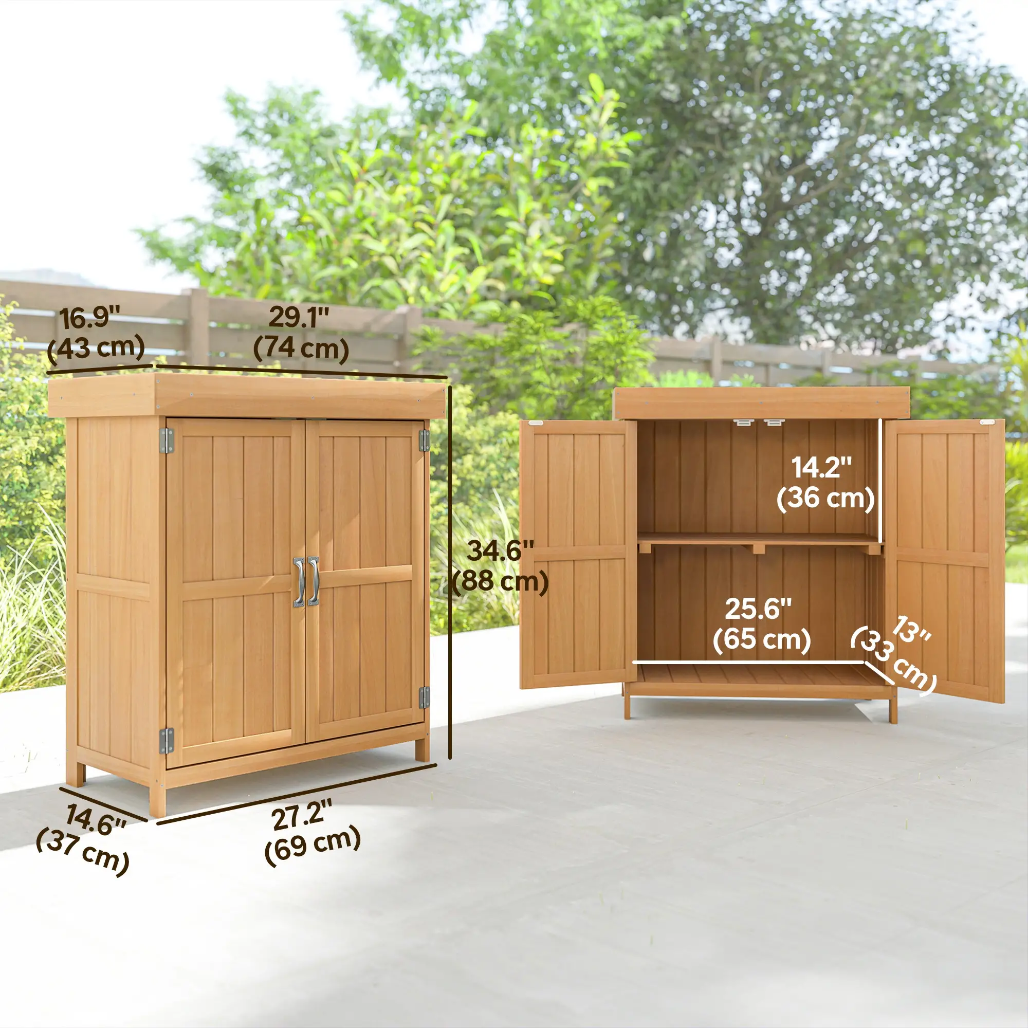 Wooden Garden Tool Shed, Hinged Roof, 2-Tier Shelves, Double Doors, 74x43x88cm, Natural Wood - Image 3