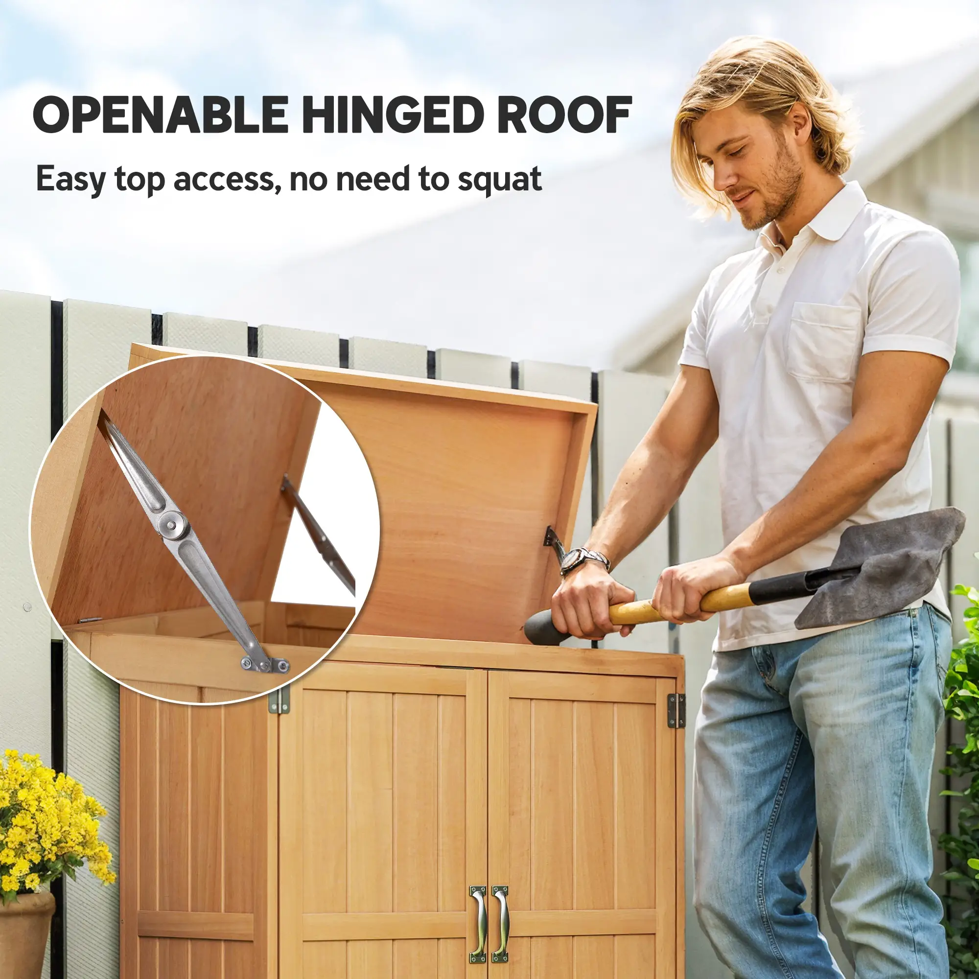 Wooden Garden Tool Shed, Hinged Roof, 2-Tier Shelves, Double Doors, 74x43x88cm, Natural Wood - Image 4