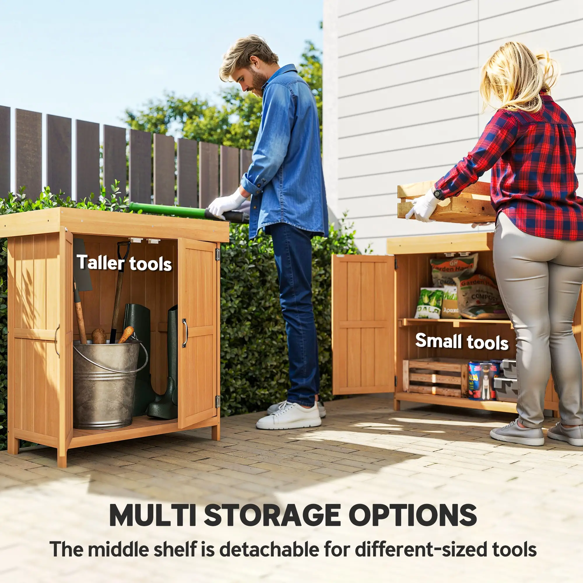 Wooden Garden Tool Shed, Hinged Roof, 2-Tier Shelves, Double Doors, 74x43x88cm, Natural Wood - Image 5