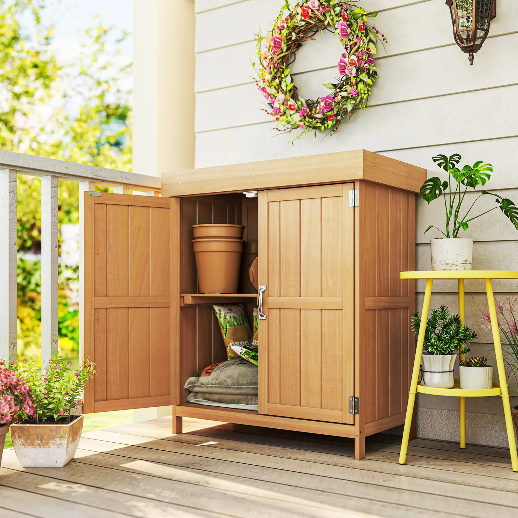 Wooden Garden Tool Shed, Hinged Roof, 2-Tier Shelves, Double Doors, 74x43x88cm, Natural Wood - Image 9