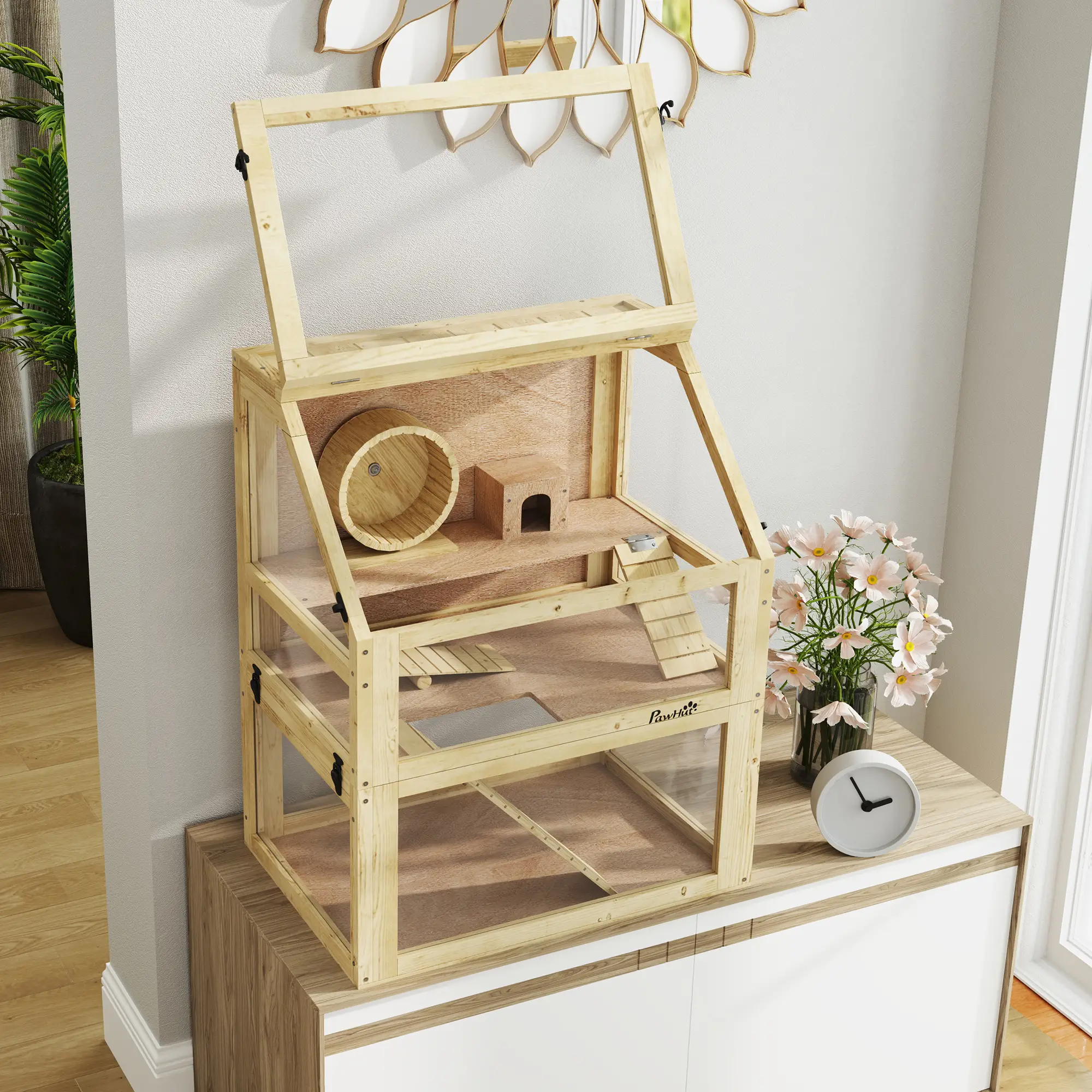 Wooden Hamster Cage, 3 Tier Gerbil Cage, 24" x 16" x 29.5", Hut, Seesaw, Wheel - Image 10