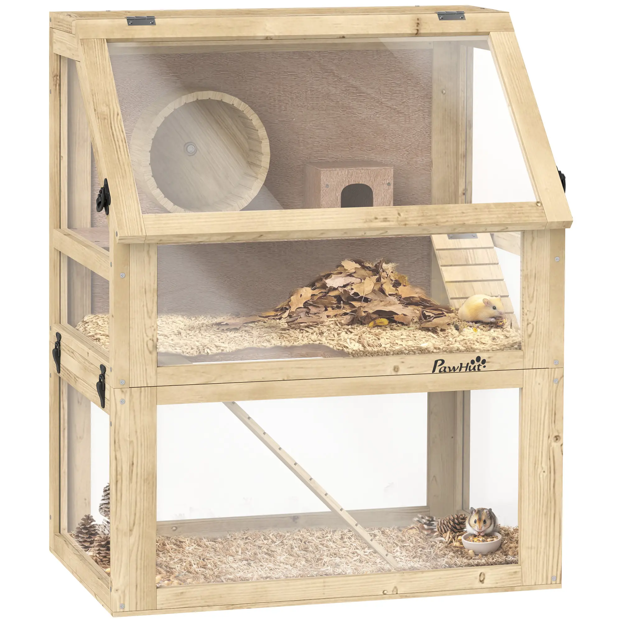 Wooden Hamster Cage, 3 Tier Gerbil Cage, 24" x 16" x 29.5", Hut, Seesaw, Wheel - Image 11