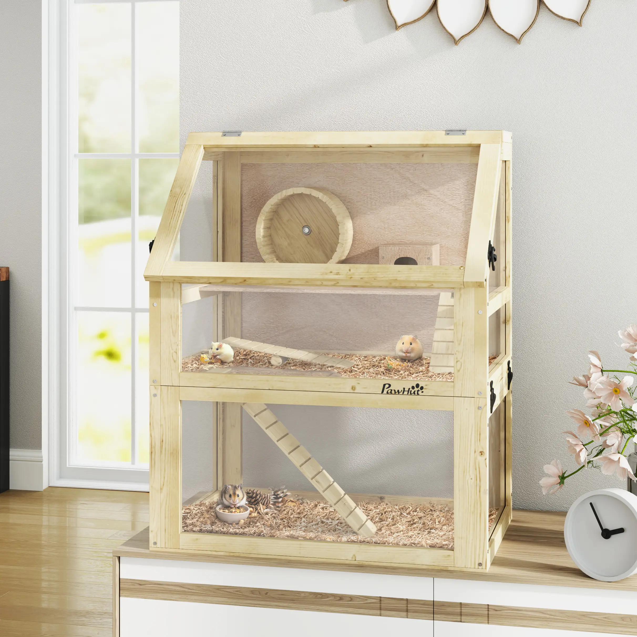 Wooden Hamster Cage, 3 Tier Gerbil Cage, 24" x 16" x 29.5", Hut, Seesaw, Wheel - Image 2