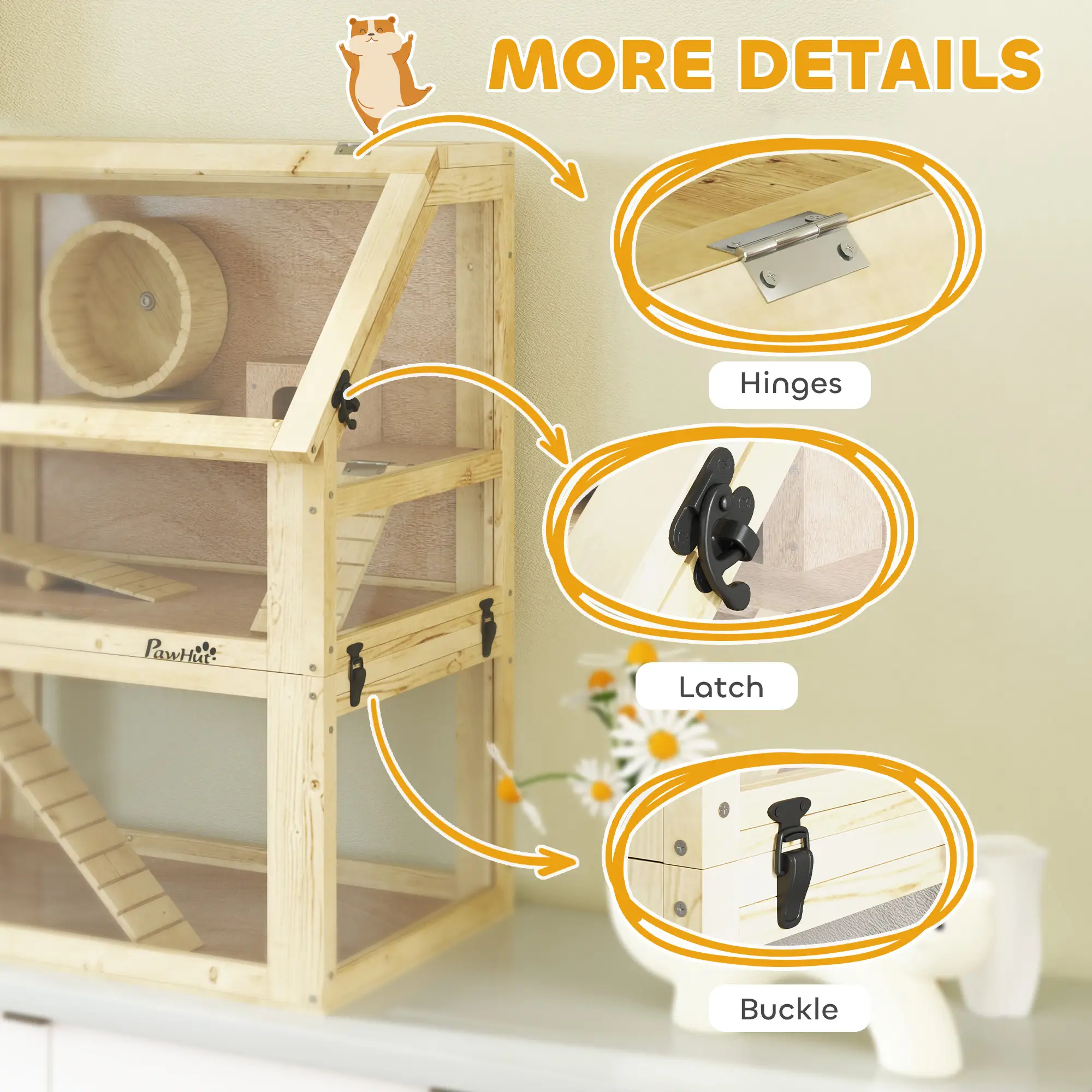 Wooden Hamster Cage, 3 Tier Gerbil Cage, 24" x 16" x 29.5", Hut, Seesaw, Wheel - Image 9