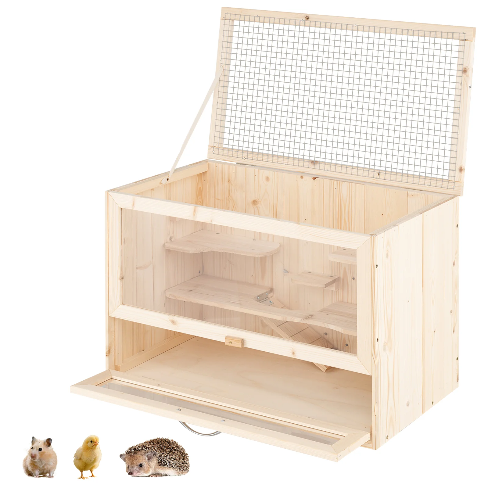 Wooden Hamster Cage with Mesh Flip Roof, Natural
