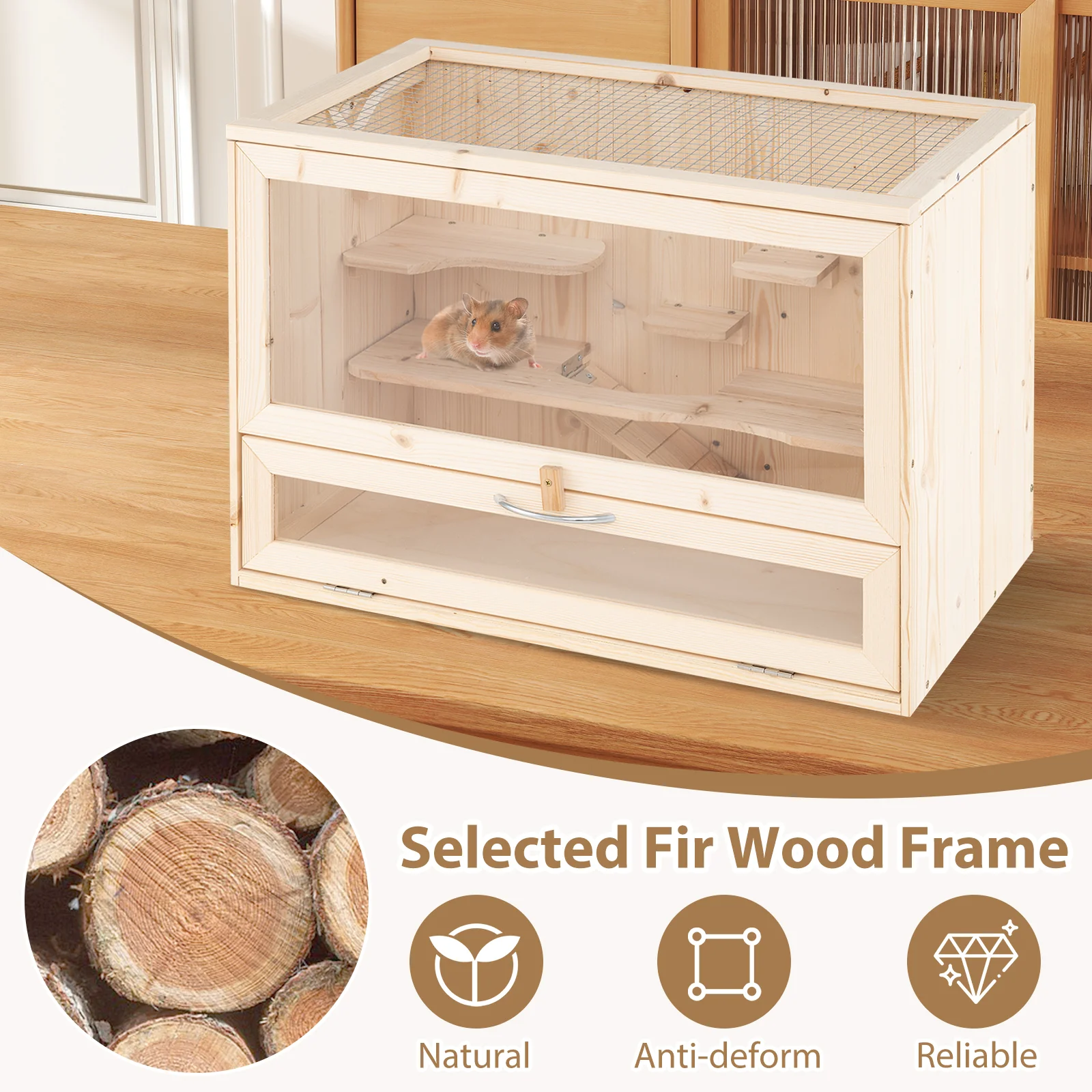 Wooden Hamster Cage with Mesh Flip Roof, Natural - Image 10