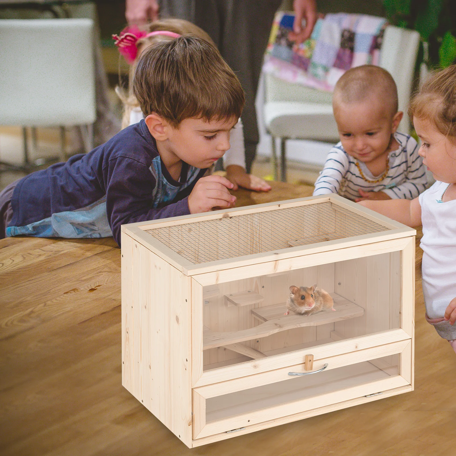 Wooden Hamster Cage with Mesh Flip Roof, Natural - Image 2