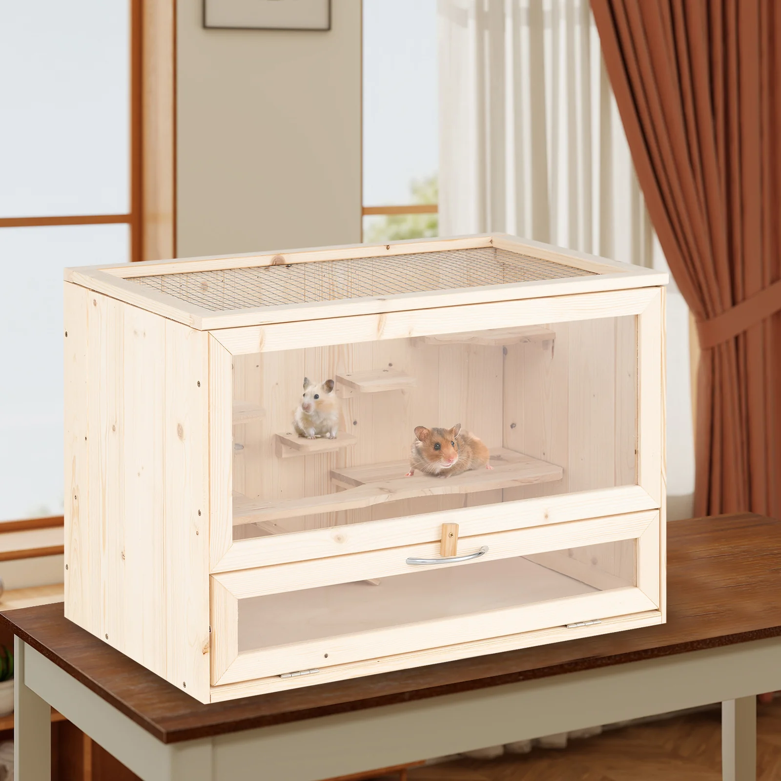 Wooden Hamster Cage with Mesh Flip Roof, Natural - Image 3