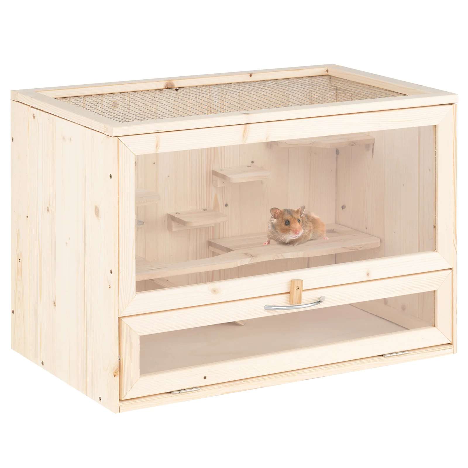 Wooden Hamster Cage with Mesh Flip Roof, Natural - Image 5