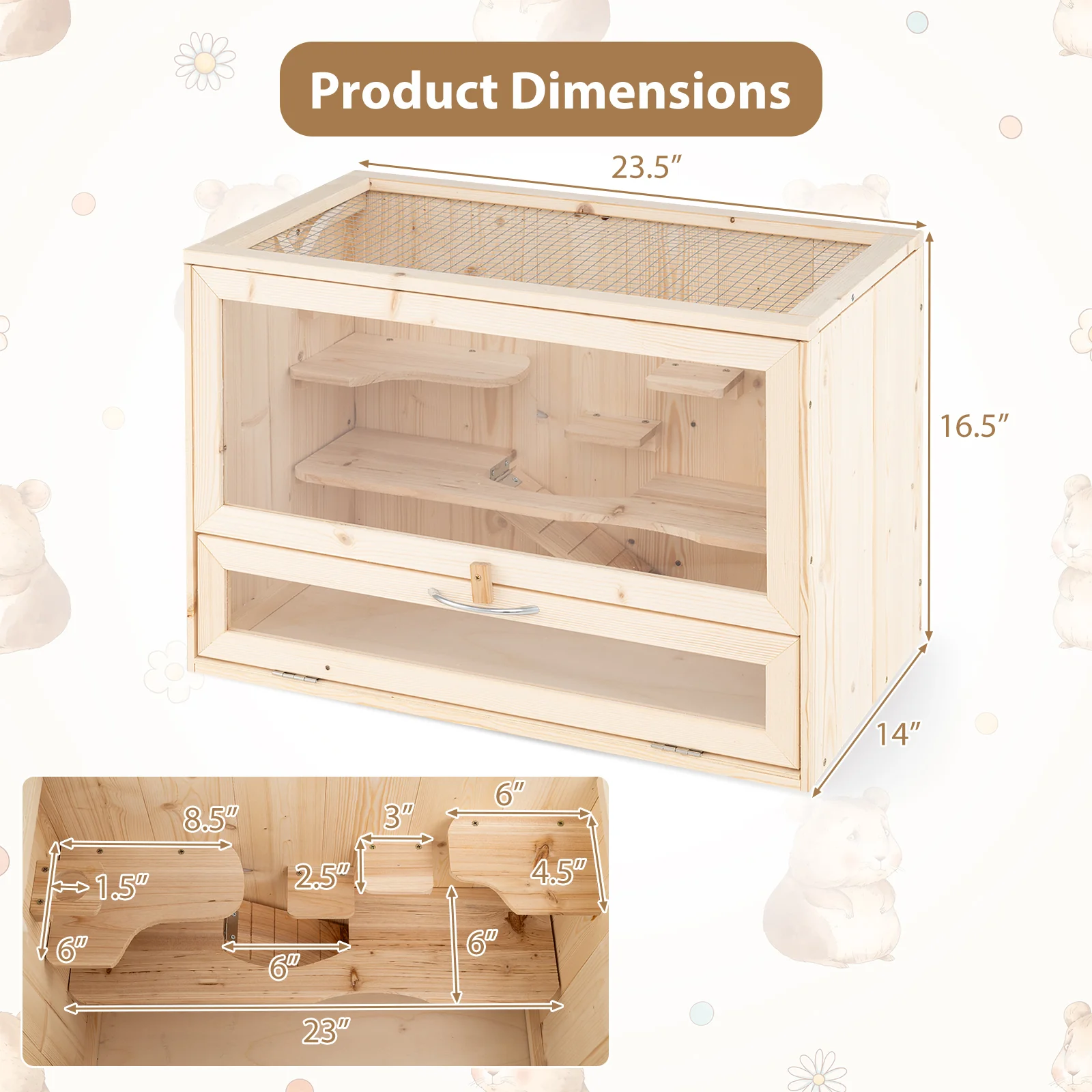 Wooden Hamster Cage with Mesh Flip Roof, Natural - Image 6
