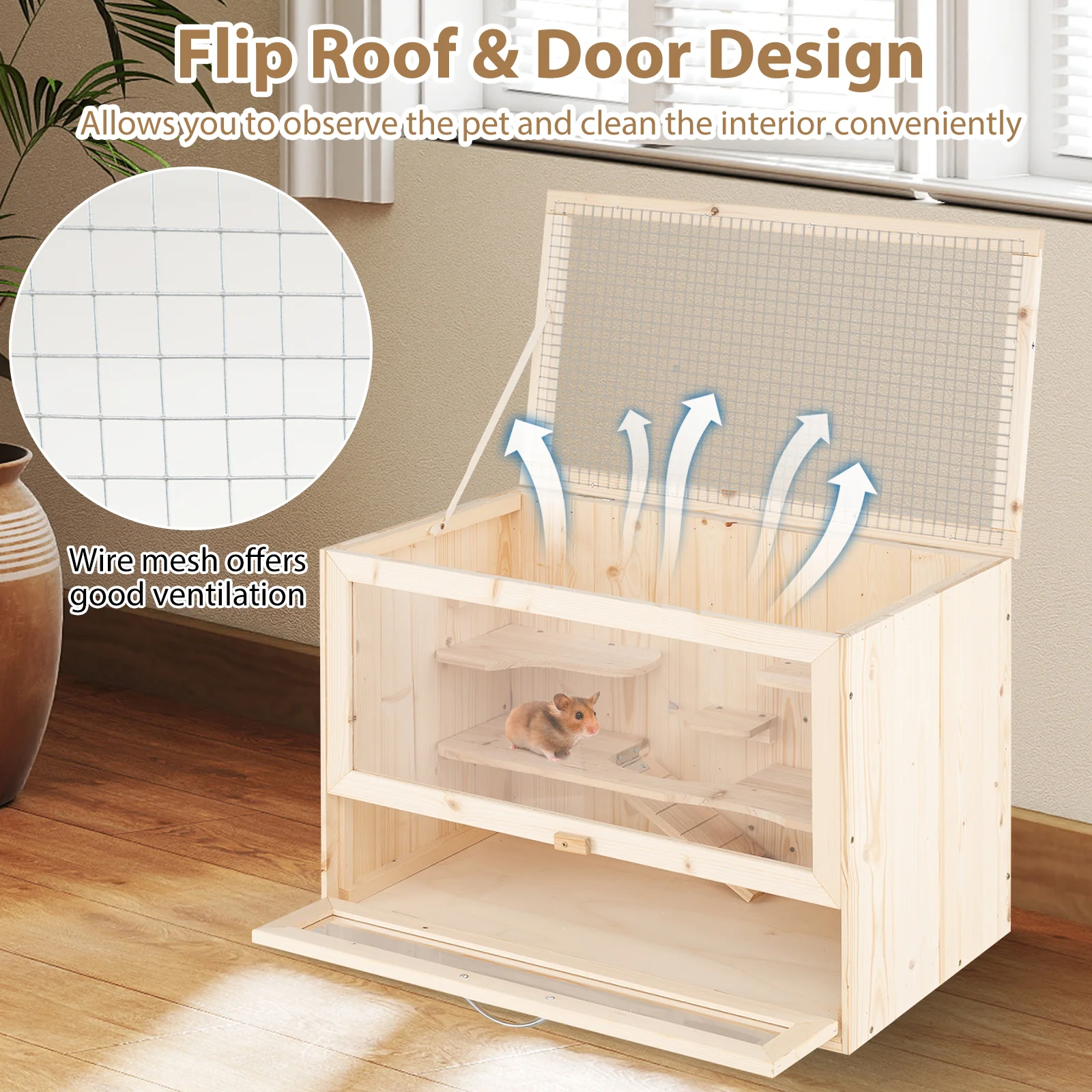 Wooden Hamster Cage with Mesh Flip Roof, Natural - Image 7