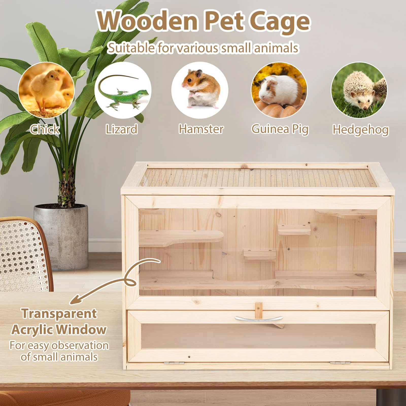 Wooden Hamster Cage with Mesh Flip Roof, Natural - Image 8