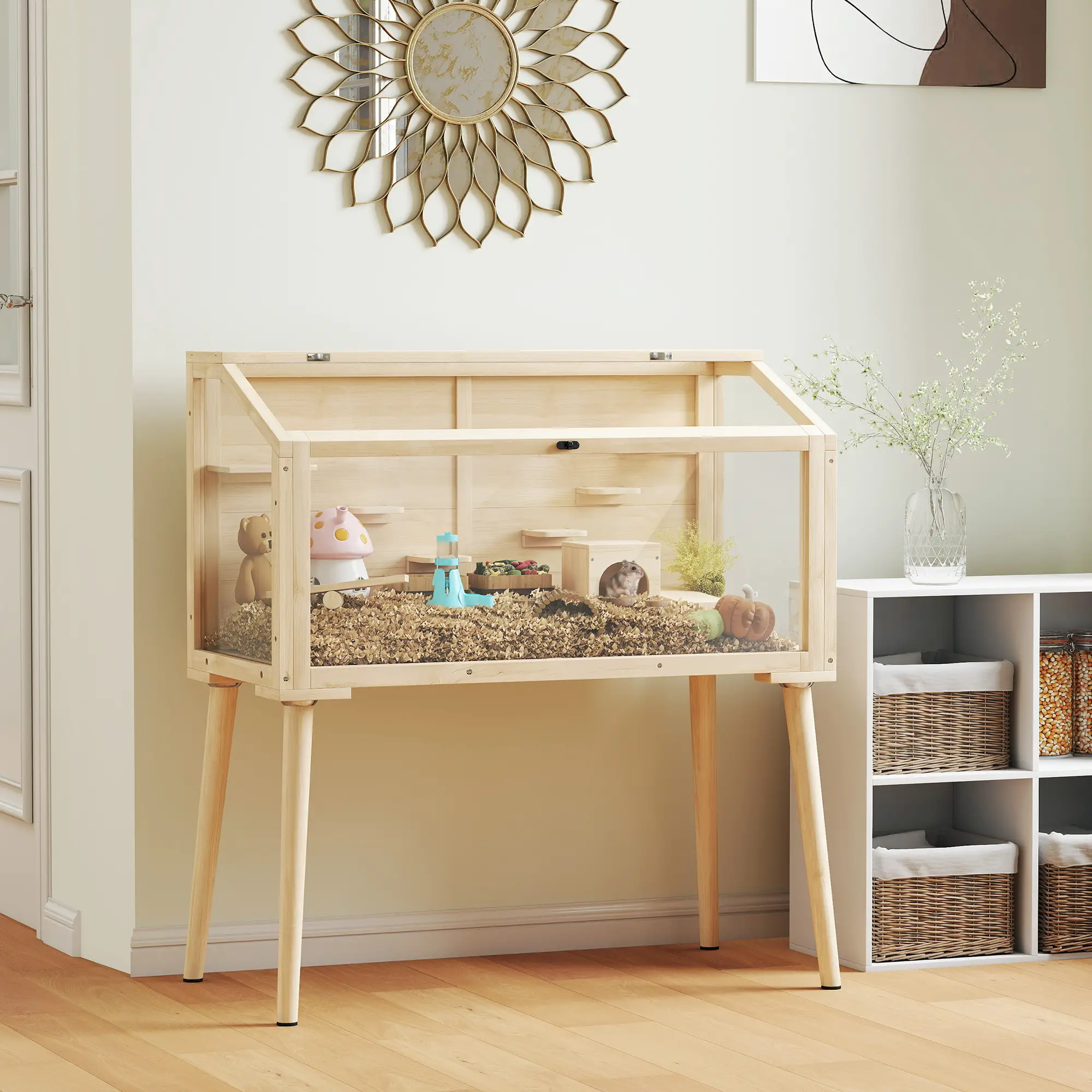 Wooden Hamster Cage With Openable Top, Seesaws, Platforms, 43.3"x20.5"x39.8" - Image 8