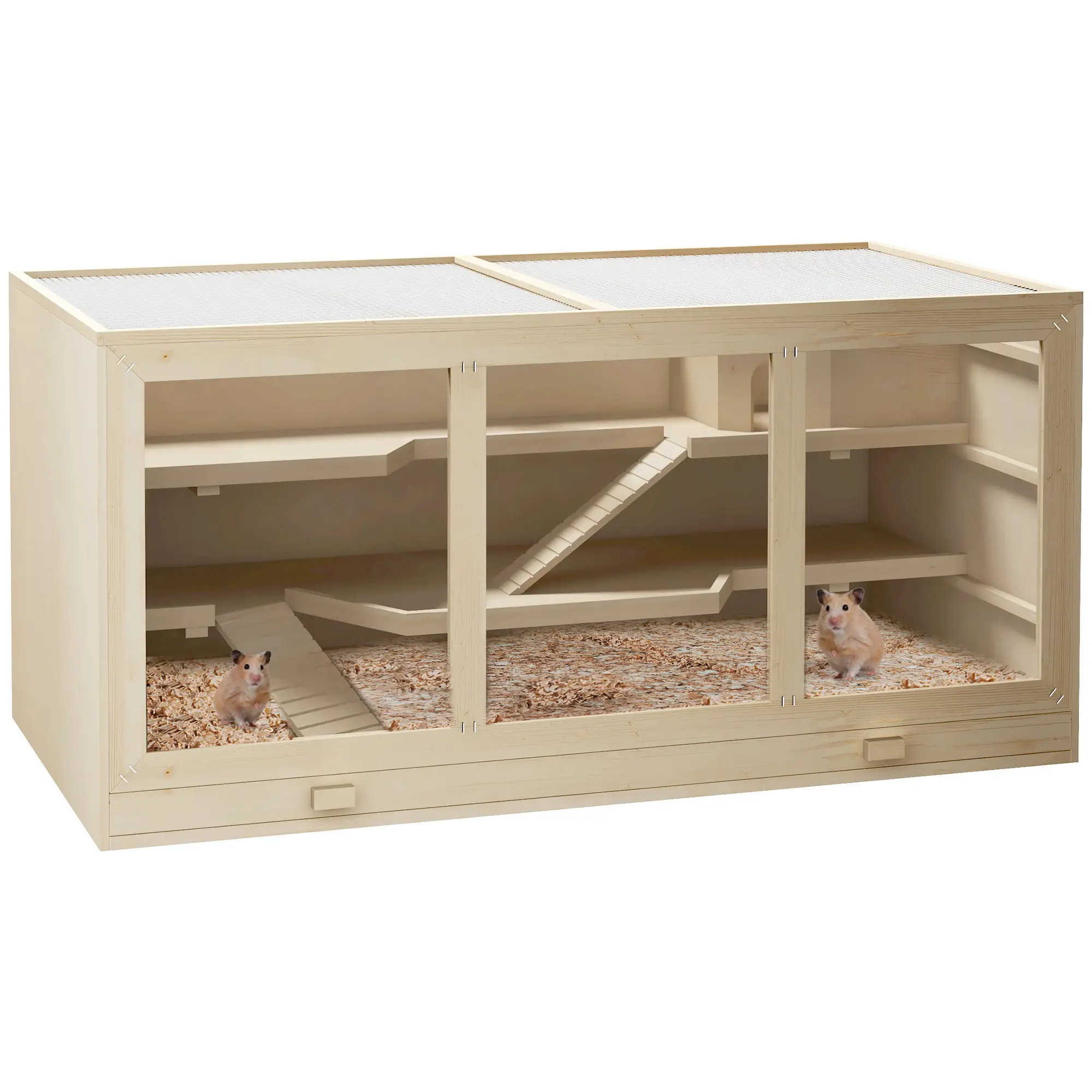 Wooden Hamster Cage with Slide, Tray, Natural Wood